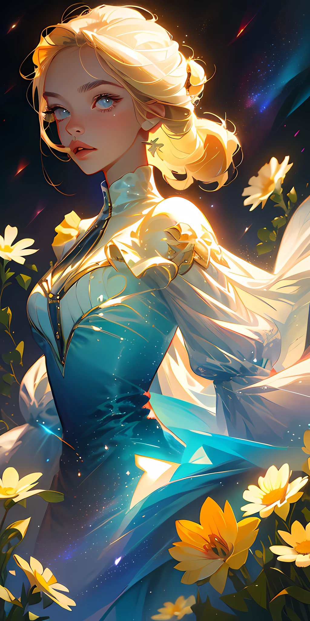 (best quality, masterpiece), 1girl, pose, particle, wind, flower, upper body, simple background, looking at viewer, blonde, galaxy,