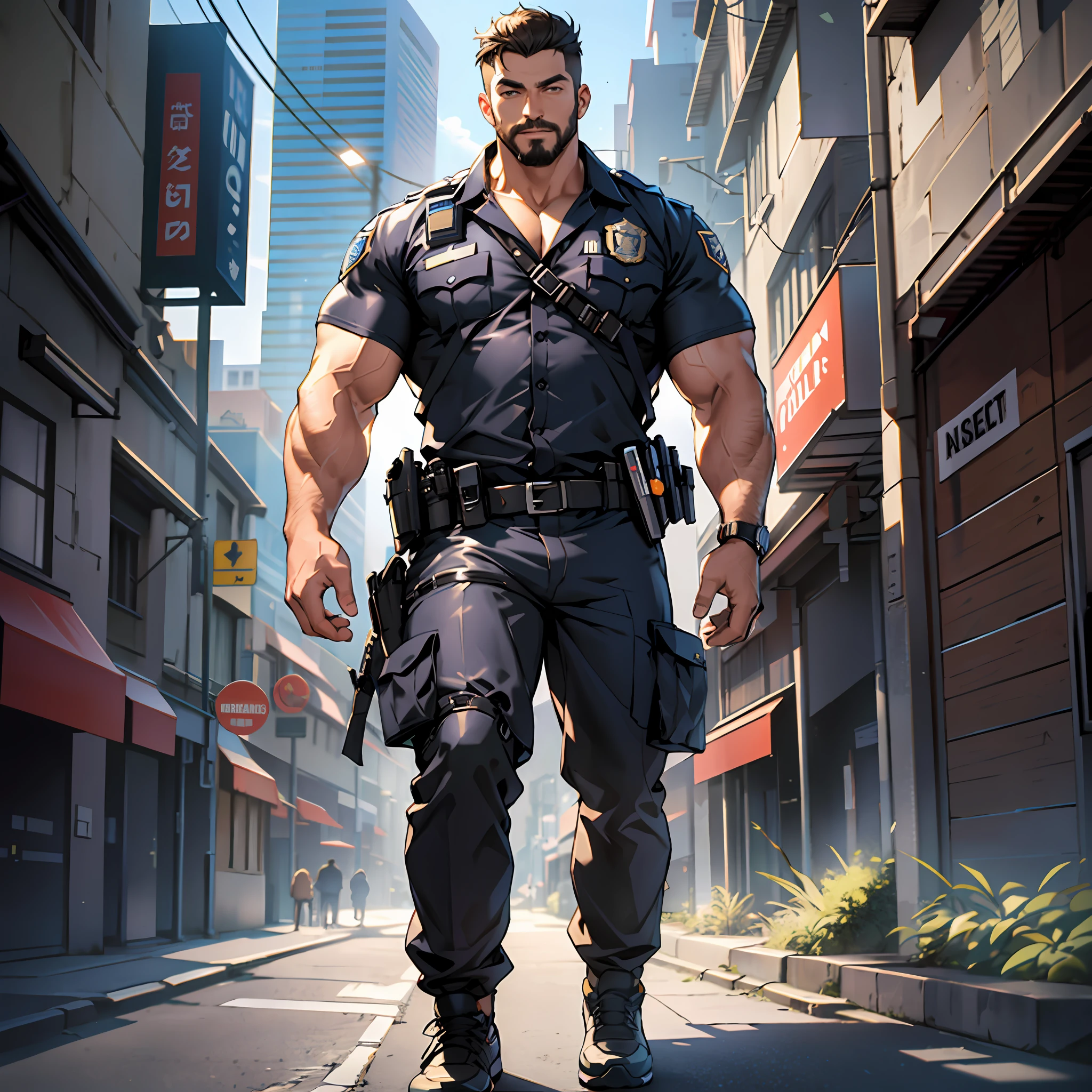 best quality, masterpiece, super high resolution, detailed background, realism, Illustrations, single, 1 boy, , muscle, volumetric lighting, depth of field, full body, facial hair, full body, full body, police shirt