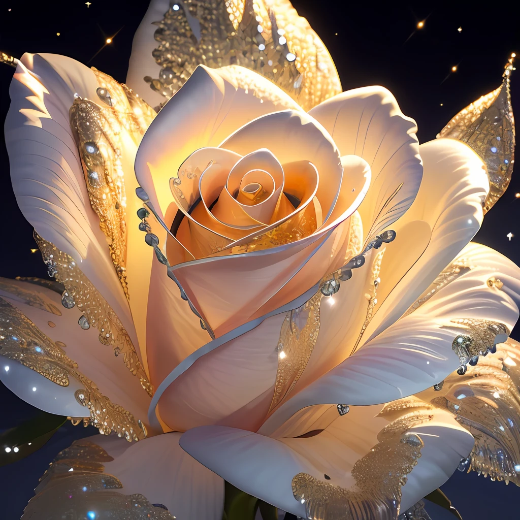 macro, a glorious (nuclear-plated starlight rose:1.2), frozen, frost coating texture, beads of condensation, light and sparks in the air, backdrop volumetric sunrise, sublime, delicate, beautiful, intricate details, dynamic scene, high detail, high-res, vivid colors, color explosion, composite lighting, dynamic composition, well drawn, crisp, sharp focus, glamour shot, realistic, shimmering gilded details, (morning dew:1.2)