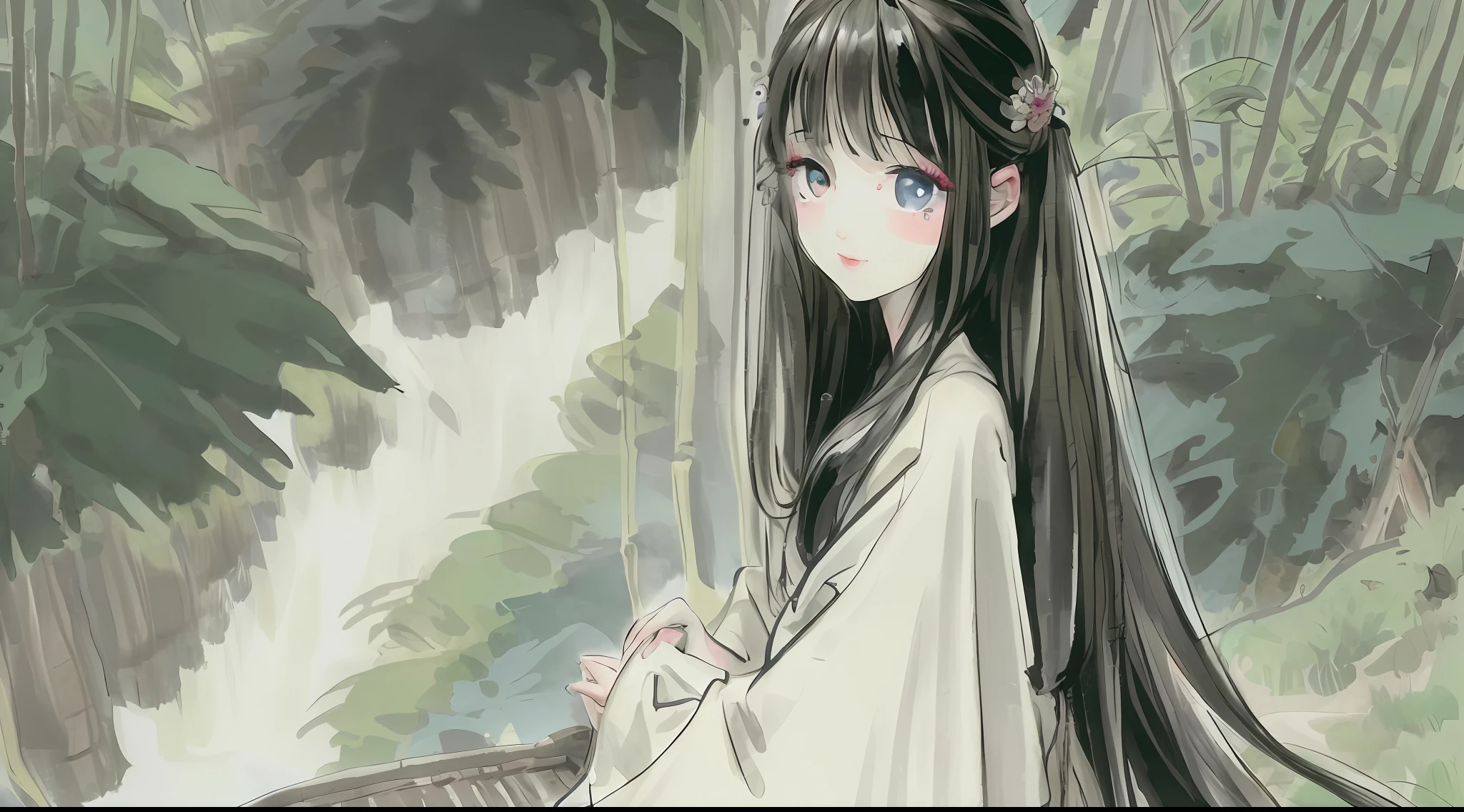masterpiece, best quality, official art, 8k wallpaper, very detailed, illustration, 1 girl, dark hair, long hair, detailed eyes, bamboo forest, bare shoulders, lake, pure, soft smile