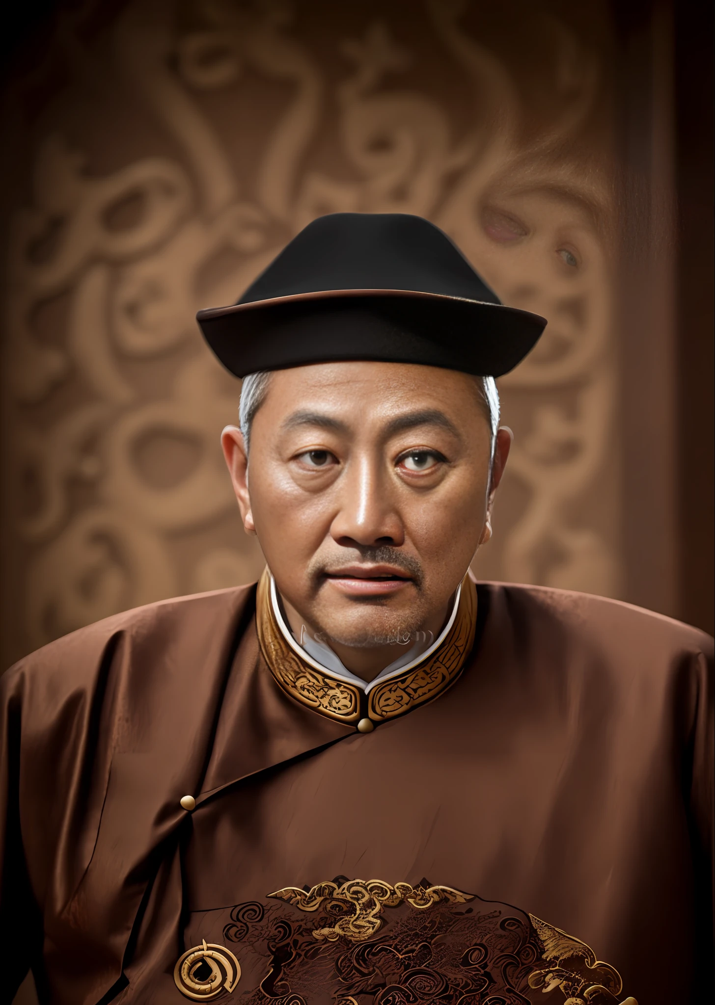 Chinese emperor, black hat, no beard, about 30 years old, face relatively large, brown silk solid color simple official uniform, thin color dragon texture embroidered with openwork embroidery on the clothes, realistic face close-up, character photography, solid color simple background, ambient light, background light, Tyndall light