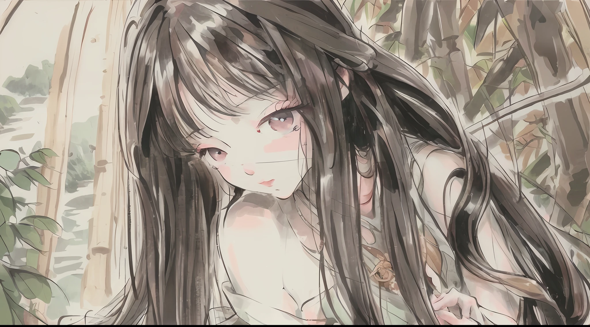 masterpiece, best quality, official art, 8k wallpaper, very detailed, illustration, 1 girl, dark hair, long hair, detailed eyes, bamboo forest, bare shoulders, lake, pure, soft smile