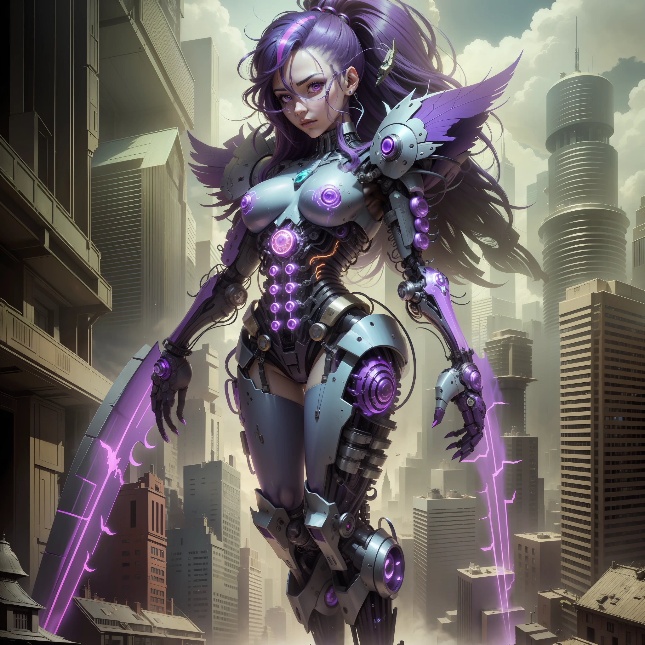 Twilight Sparkle, Twilight Sparkle Cyborg Girl, Twilight Sparkle from my little pony, bio organism, not human, mechanical parts, lush hair, long hair, Twilight Sparl hair, bionic body parts, no skin, completely cyborg, all made of metal, robot, the whole body is made up of small parts, cyberpunk, artificial intelex, cybernetic organism, mechanical arms, mechanical legs, mechanical purple wings, metal wings, wings glow purple, red glowing eye, full growth, full body, very detailed, ultra 8k quality, broken parts, holes in mechanisms, not a living organism, runes and purple magic, magic flies around, a lot of purple, purple backlight, spark earrings, a lot of magic, flies