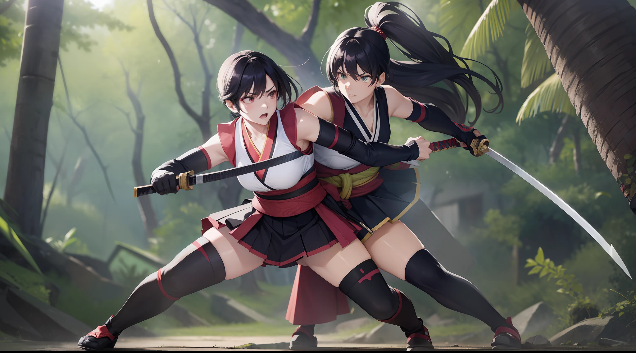 Full body shot of two female character, different outfit color, looking each other, fighting in an intense duel battle, with serious expression. They are attacking each other, wielding katana with deadly intent. They have long loose hairstyle. Both of them wears a traditional sleeveless kimono, with an obi tied on their back, and skirt. On their hands, they also wear black thin elbow gloves. On their feet, they also wears black thigh high socks and black boots. The battle takes place in a dense and lush forest.