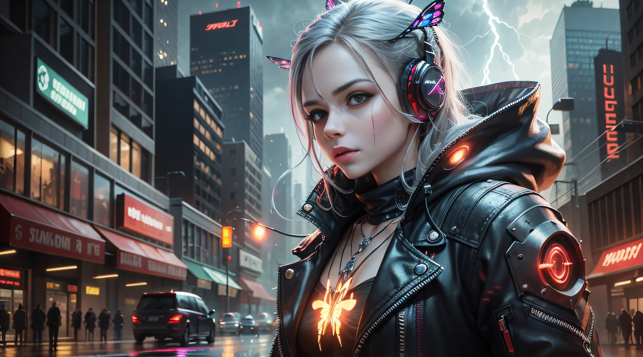 photo of a (skull), circuitry, gemstones,
glowing red eyes, ominous aura Halo, blood, bleeding, jewelry, necklace, silver chains, butterfly wings, headphones, earphones,
chromatic aberration, depth of field, soft lighting, masterpiece, best quality, intricate, tone mapped, highly detailed, artstation, concept art, smooth, sharp focus, dramatic lighting, highly detailed artwork, cinematic, hyper realistic painting, trending on Artstation, 8K, incredible shadows, realistic, (highly detailed background:1.0), lightning strike, lightning, storm, raining, cloudy sky, backlighting, neon and cyberpunk background, cityscape, skyscraper,