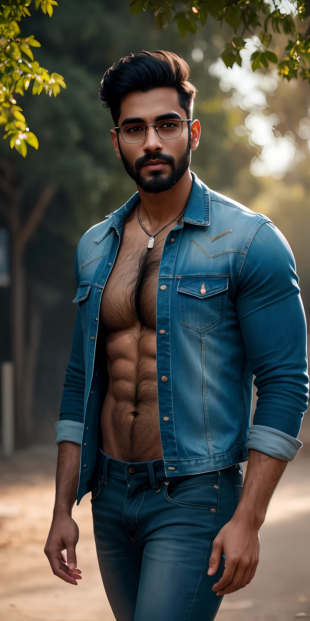 beautiful adult Indian college guy, hairy chest, pubic hair, wearing clear glasses, facial hair, buzz cut, open shirt, black flanel shirt, in tight jeans, outside on basketball field, ((slim, muscular)), photorealistic, photo, masterpiece, realistic, realism, photorealism, high contrast, photorealistic digital art trending on Artstation 8k HD high definition detailed realistic, detailed, skin texture, hyper detailed, realistic skin texture, armature, best quality, ultra high res, (photorealistic:1.4),, high resolution, detailed, raw photo, sharp re, by lee jeffries nikon d850 film stock photograph 4 kodak portra 400 camera f1.6 lens rich colors hyper realistic lifelike texture dramatic lighting unrealengine trending on artstation cinestill 800,