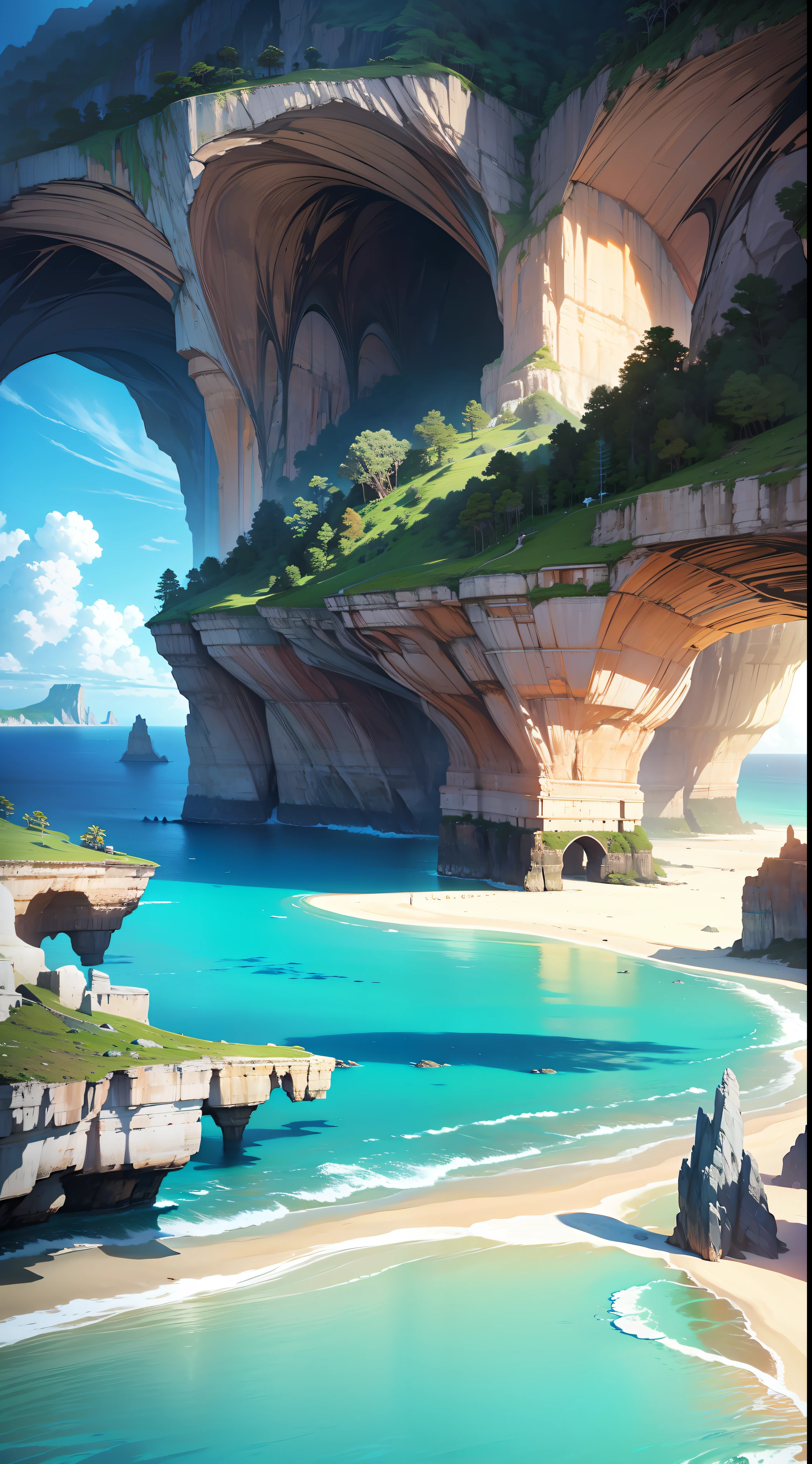 A breathtaking landscape, with imposing cliffs next to a beach of clear sands and turquoise waters.