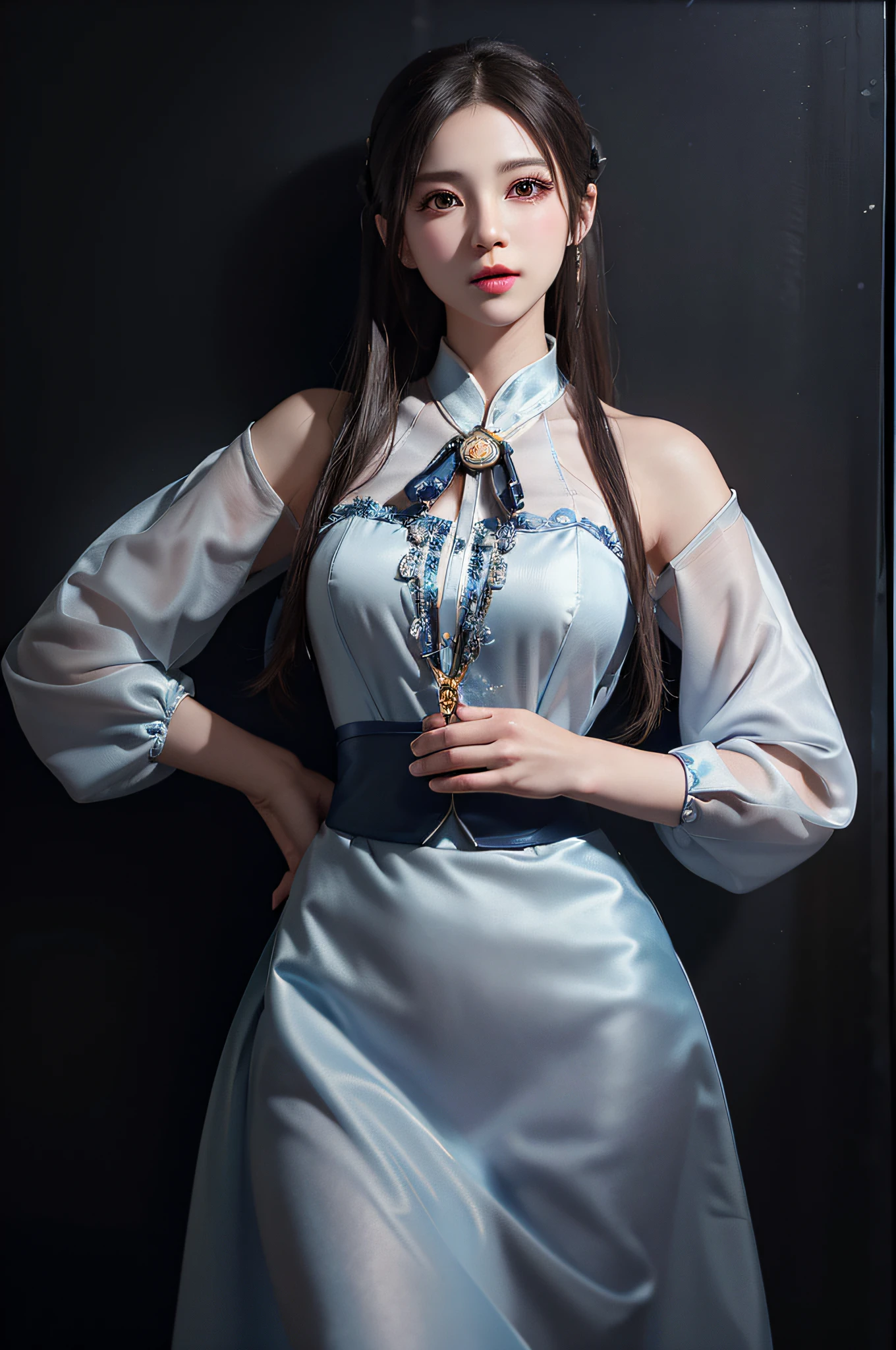 there is a woman in a white dress posing for a picture, full body xianxia, wearing a blue qipao dress, inspired by Leng Mei, portrait of chun li, in a blue qipao, anime girl cosplay, cosplay photo, elegant glamourous cosplay, belle delphine, inspired by Guo Xi, seductive tifa lockhart portrait