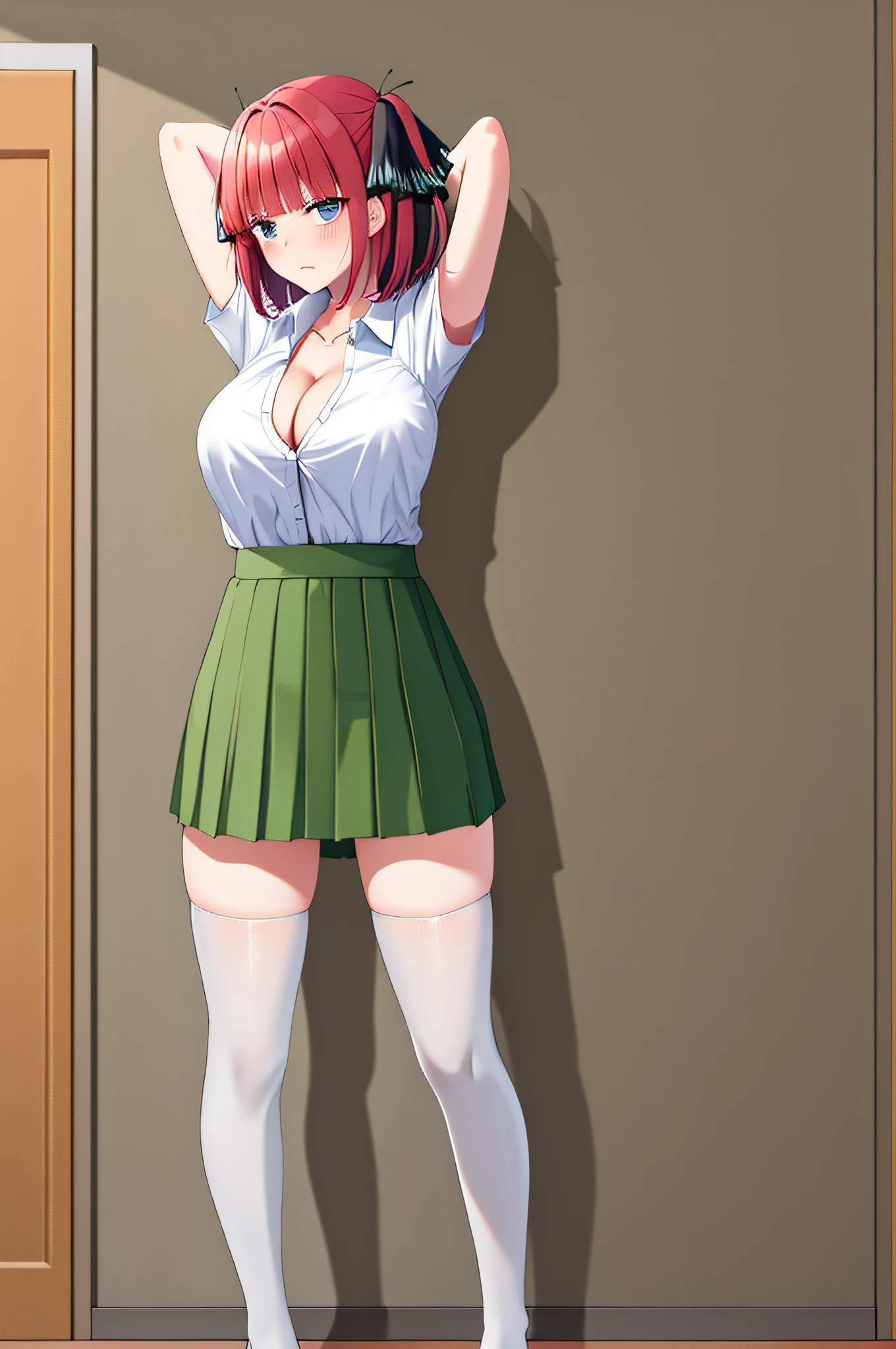 masterpiece, best quality, highres, nn1, 1girl, hair ribbon, short hair, large breasts, cleavage, green skirt, white shirt, collared shirt, open clothes, black thighhighs, short sleeves, arms behind head, annoyed, blush, full body, standing,