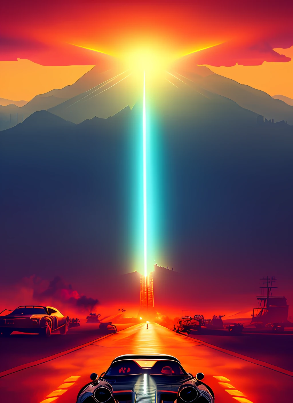 Mad max cinemayltografico poster, cel shading, thick black outline, flat color, (highres: 1.1), best quality, (masterpiece: 1.3), beautiful, intricate lighting (high detail: 1.2), 1girl, (mad max fury road: 1.1), (apocalypse: 1.1), muscle cars, wastelands, a highly detailed epic cinematic concept art CG render digital painting art, screencap anime