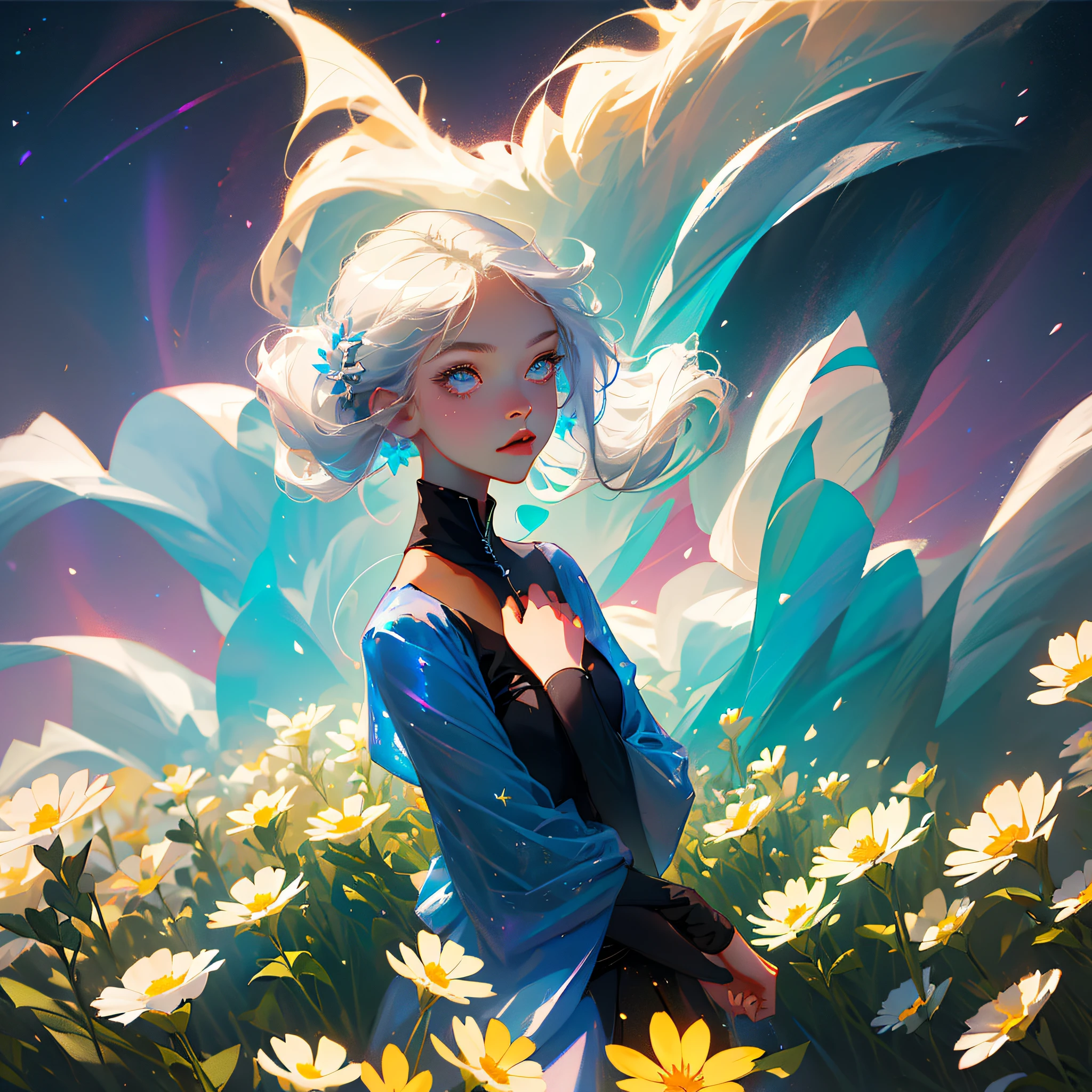 (Best Quality, Masterpiece), 1girl, Pose, Particle, Wind, Flower, Upper Body, Simple Background, Looking at the Viewer, Platinum Hair, Milky Way,