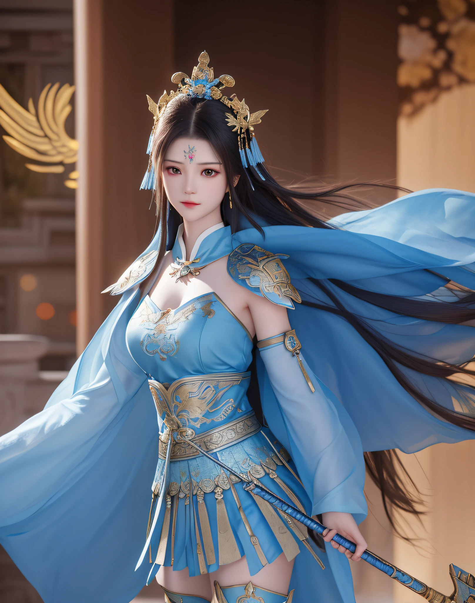 best quality, masterpiece, high resolution, 1girl, ancient chinese battlefield background, metal armor, cape, metal collar, ancient spear, hair ornament, necklace, jewelry, beautiful face, upon_body, tyndall effect, realistic, dark studio, edge lighting, duotone lighting, (high detail skin:1.2), 8k ultra hd, dslr camera, soft lighting, high quality, volumetric lighting, frank, photos, high resolution, 4k, 8k, bokeh, light blue bikini armor, Ancient metal spear, chest embroidered phoenix, metal cuirass, tight, bare arms, weapons, short bracers, stockings, weapons