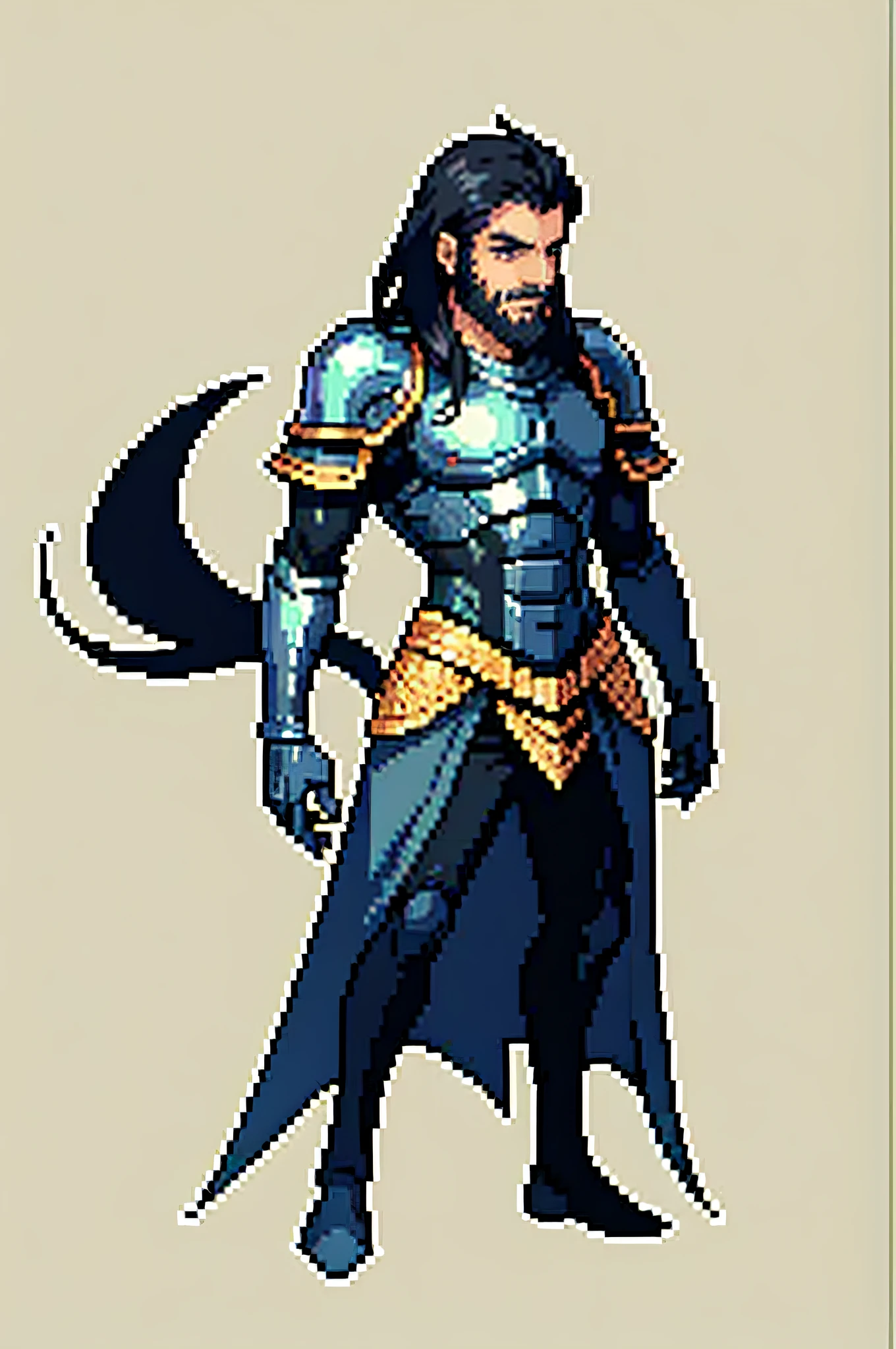 (masterpiece, top quality, best quality), pixel, pixel art, a man with short beard, full body, long and voluminous black hair, long black hair, man, medieval armor with blue, dnd rpg,