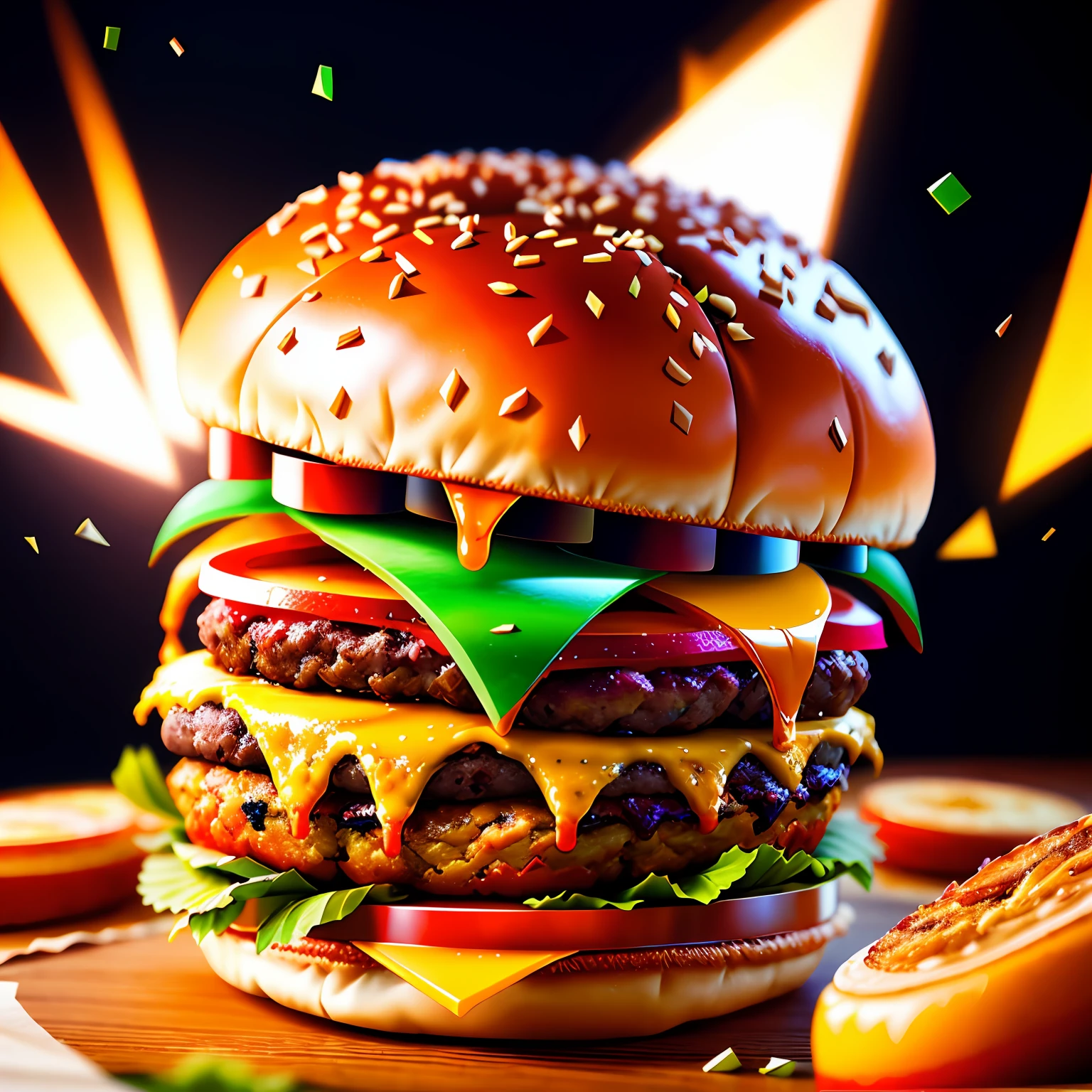 A burger falling in pieces juicy, tasty, hot, promotional photo, intricate details, hdr, cinematic, adobe lightroom, highly detailed