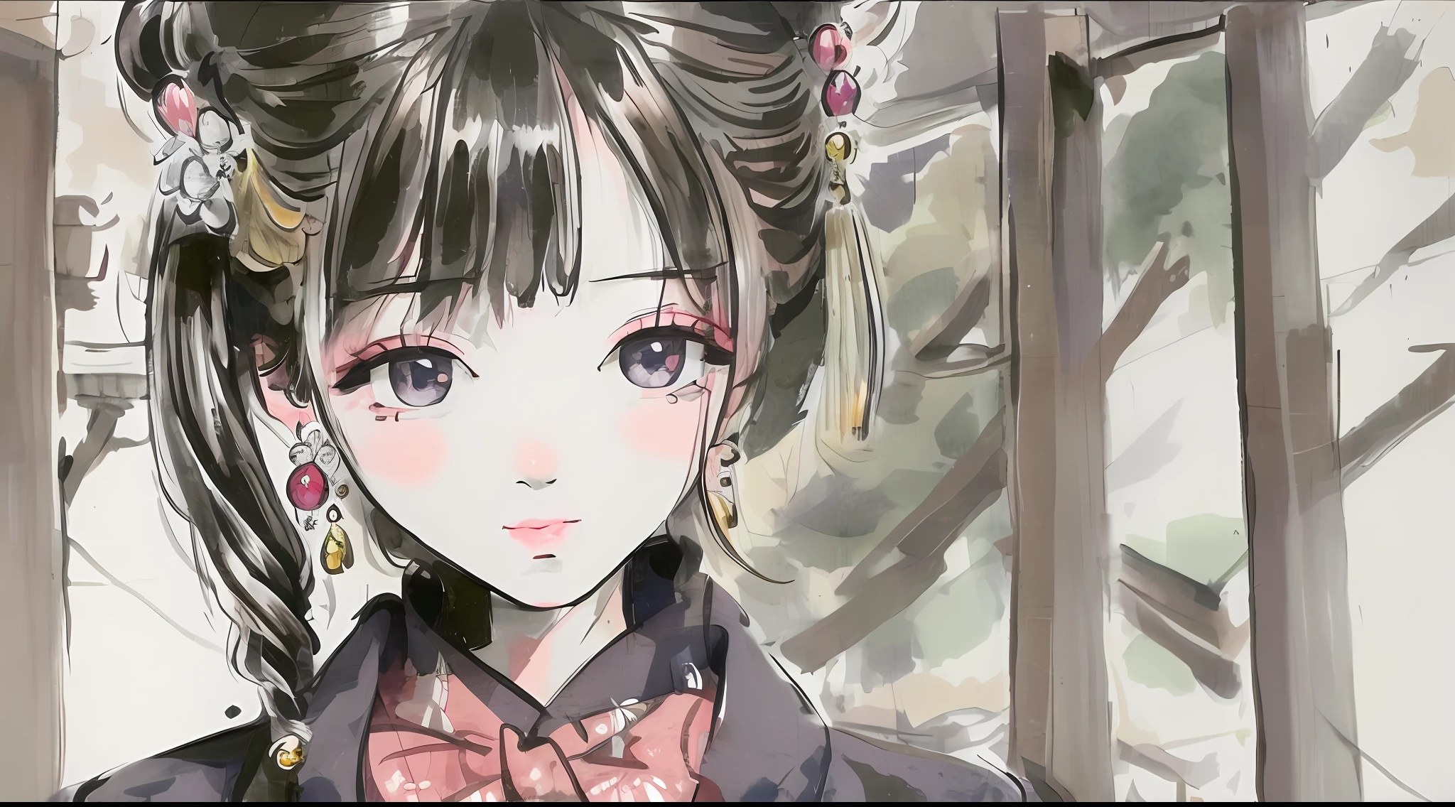 shukezouma, shuimobysim, 1girl, solo, looking at viewer, lips, earrings, east asian architecture, hair ornament, beautiful eyes