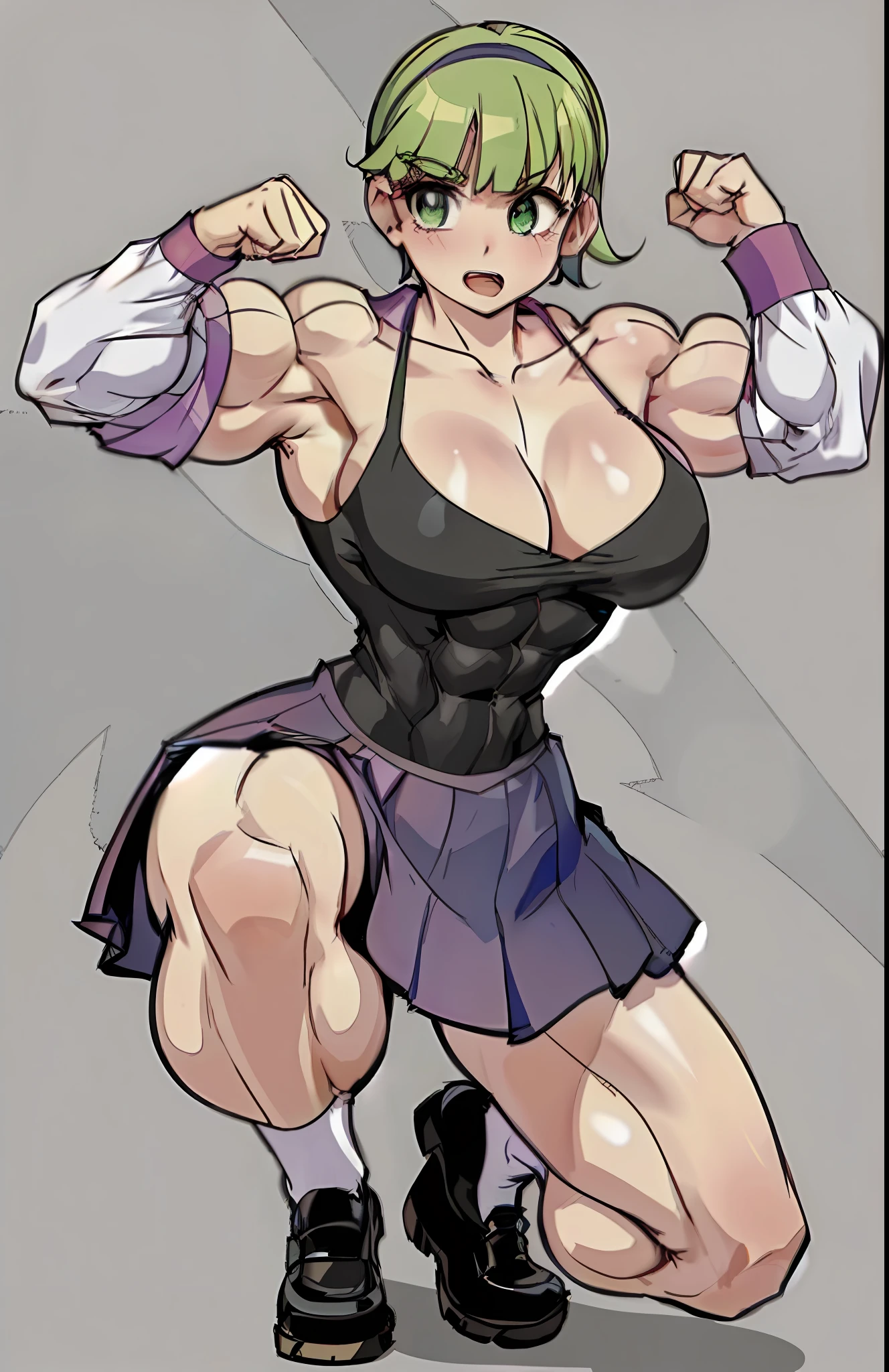 (Best quality, masterpiece), 8k, green eyes, short hair, bangs, huge purple bow headband behind the head, hair between the eyes, cross bangs, green hair tied behind the hair, pink sailor suit, yellow sailor collar, blue skirt, stockings, happy, open mouth, tiger teeth, dull hair, high quality, blush, simple background, full body, (solid silhouette: 1. 2), white stockings, small leather shoes, shadows, nail polish. Hairpins, mature women, exaggerated poses, sexy, hair bows, big ass, long sleeves, pure reasonable, no panties, busty, obese, exhibitionism, cute, big fat, strong muscles, greasy, (hypermuscular, huge muscles, curvature, stretching, armpits, veins, blood vessels, muscles, pumping, biceps major, triceps, abs, quadriceps, strong, powerful, female dominance, female strength: 2), erotic angle, squatting on the ground with hands on chest