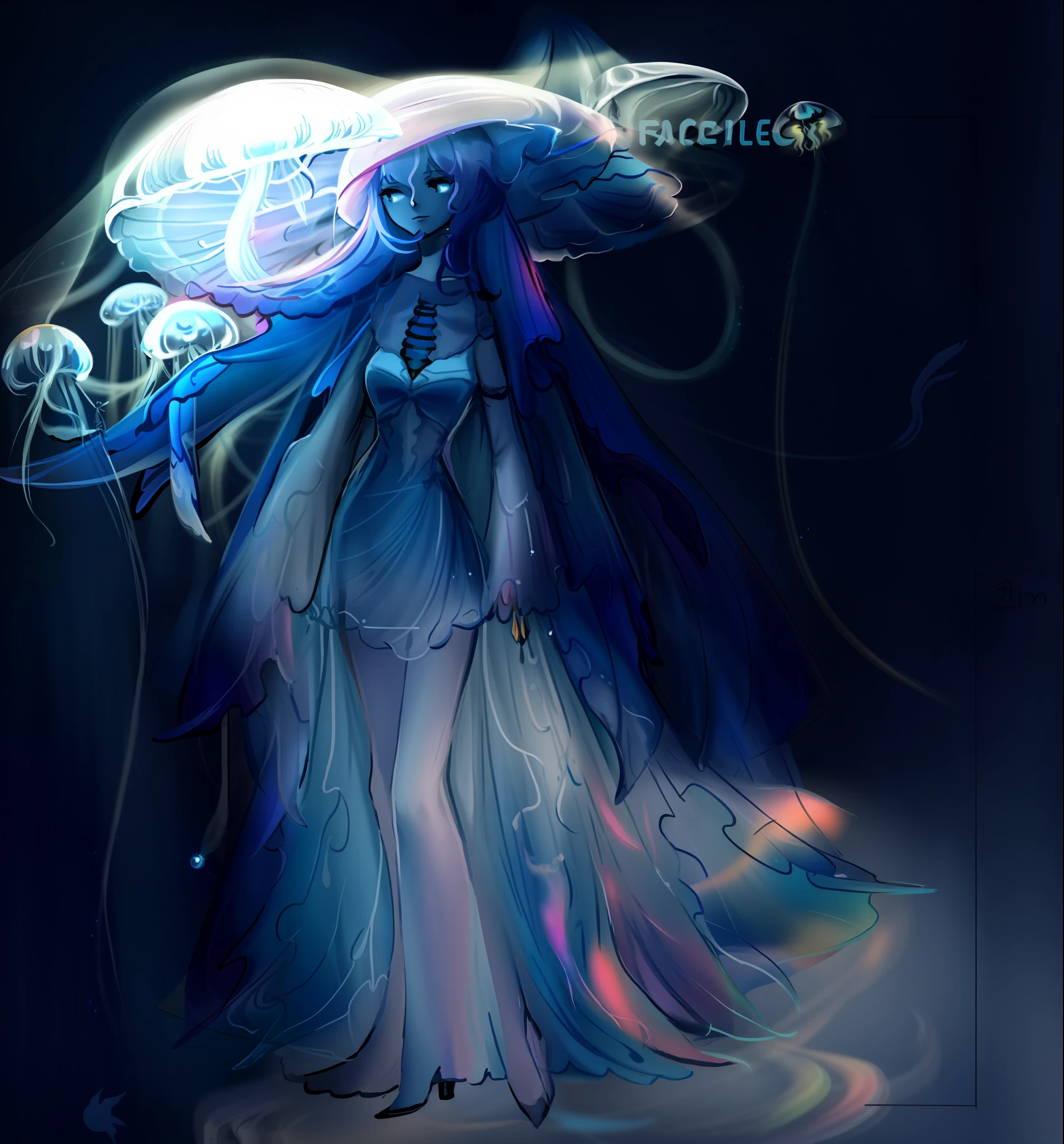a drawing of a woman in a long dress with a bird on her head, full body adoptable, astral witch clothes, jellyfish priestess, full body concept, character adoptable, outfit design, [ character design ], official concept art, concept art!!, concept art!, detailed full body concept, hyper light drifter color pallet, jellyfish pheonix --auto --s2