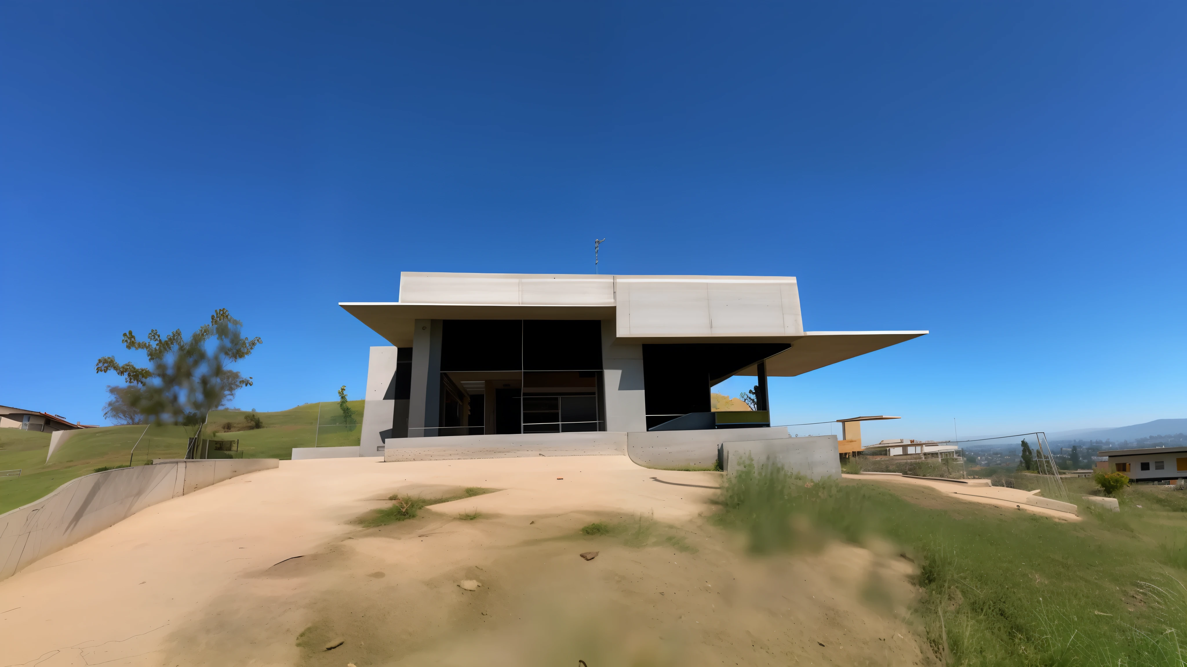 arafed concrete structure on a hill with a blue sky, photo taken from the ground, photo taken from the ground, ground level view, ground view, concrete housing, arhitectural shot, inclined location, front view, front view, one long shot from front, front side, ground view, ground view, modern house