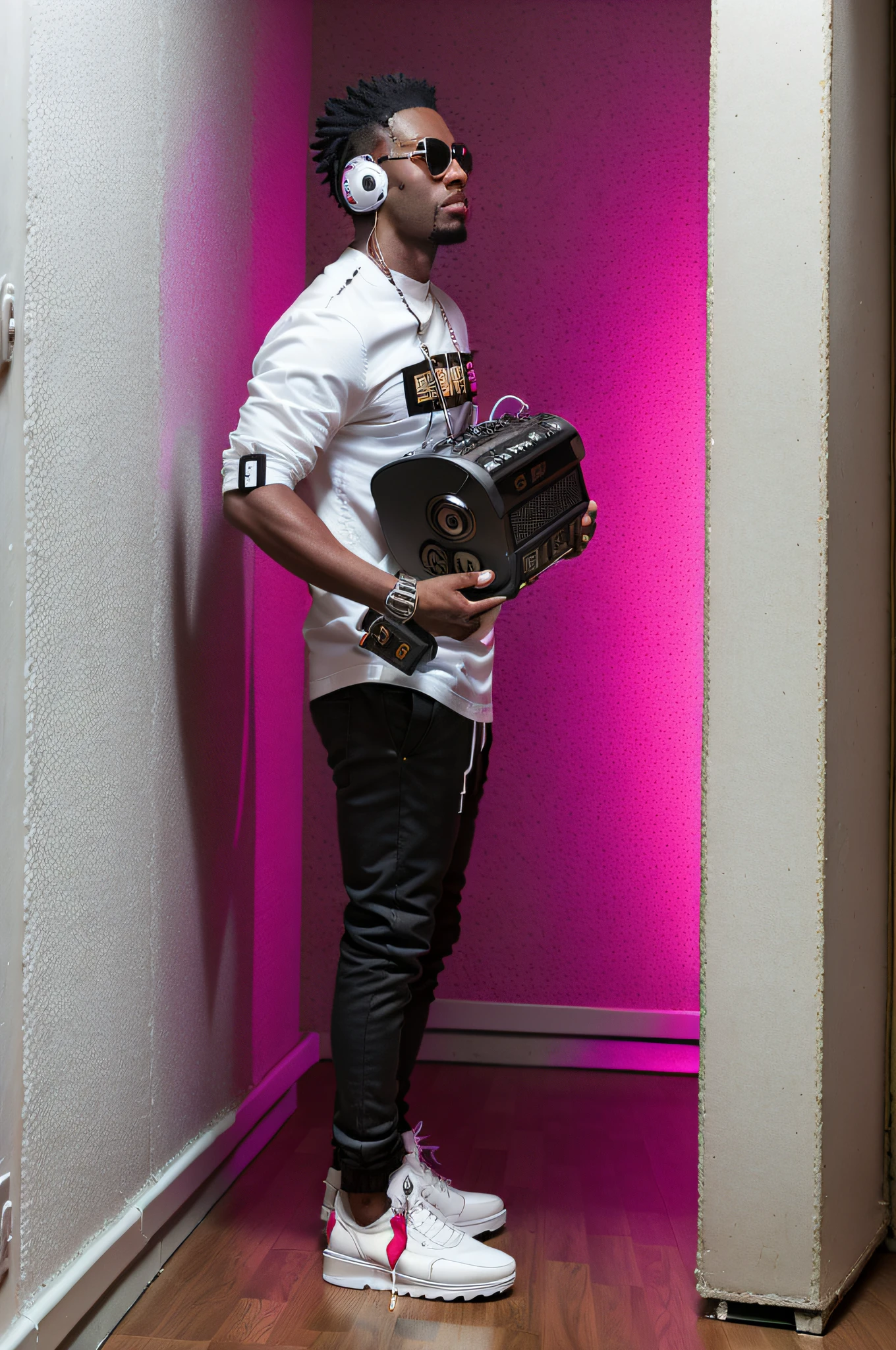 arafed man holding a boombox and a pair of white shoes, handsome hip hop young black man, dj at a party, stylish pose, djing with dj turntables, full body portrait shot, artistic pose, an artistic pose, dj set, high quality portrait, dj, turntablism dj scratching, the music guy, dj sura, with head phones