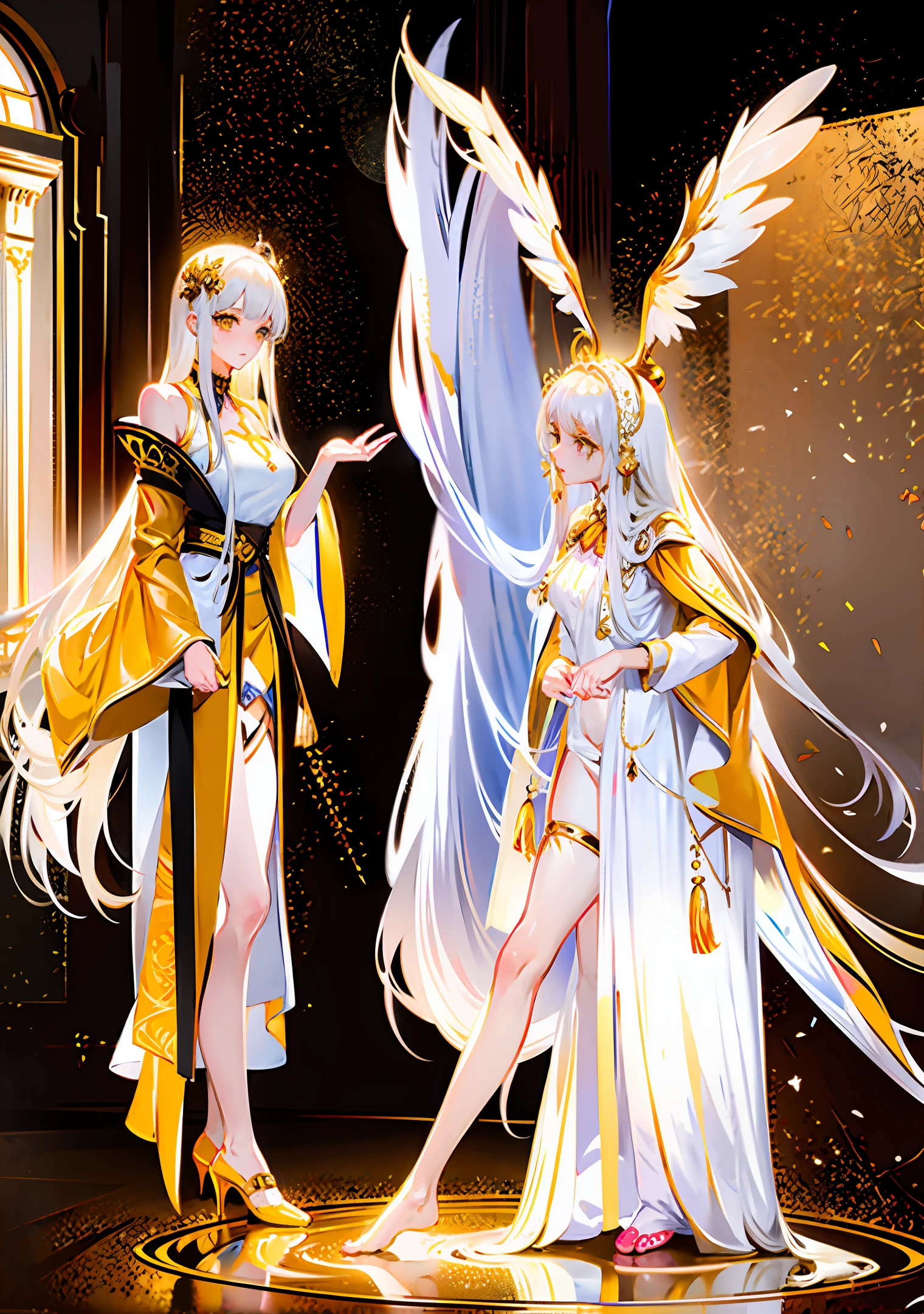 Princess clothes of gold coins her feet in a pool of chocolate white hair and long clothes yellow eyes