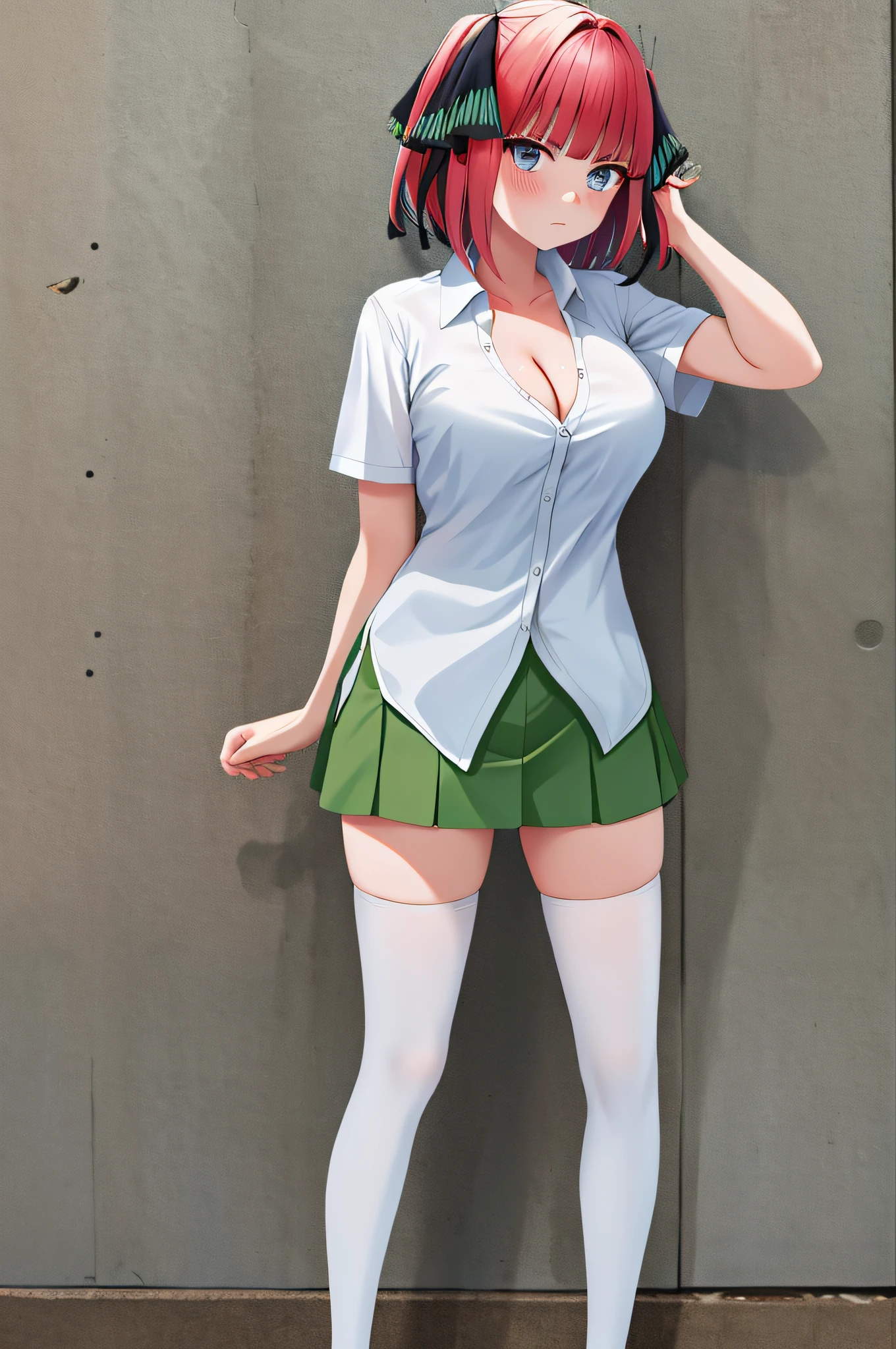 masterpiece, best quality, highres, nn1, 1girl, hair ribbon, short hair, large breasts, cleavage, green skirt, white shirt, collared shirt, open clothes, black thighhighs, short sleeves, arms behind head, annoyed, blush, full body, standing,