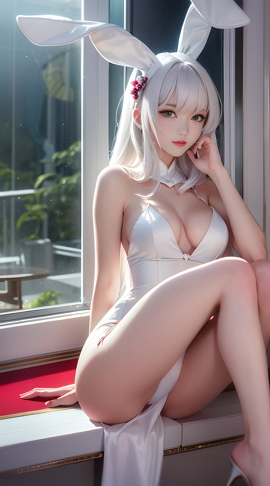 Top quality, masterpiece, ultra high definition, (fidelity: 1.4), original photo, female, , slender body, (hairstyle, hime_cut, medium breasts: 0.4), wearing bunny suit, bunny girl, sexy, glossy white skin, casino, hand between legs, pale red lips