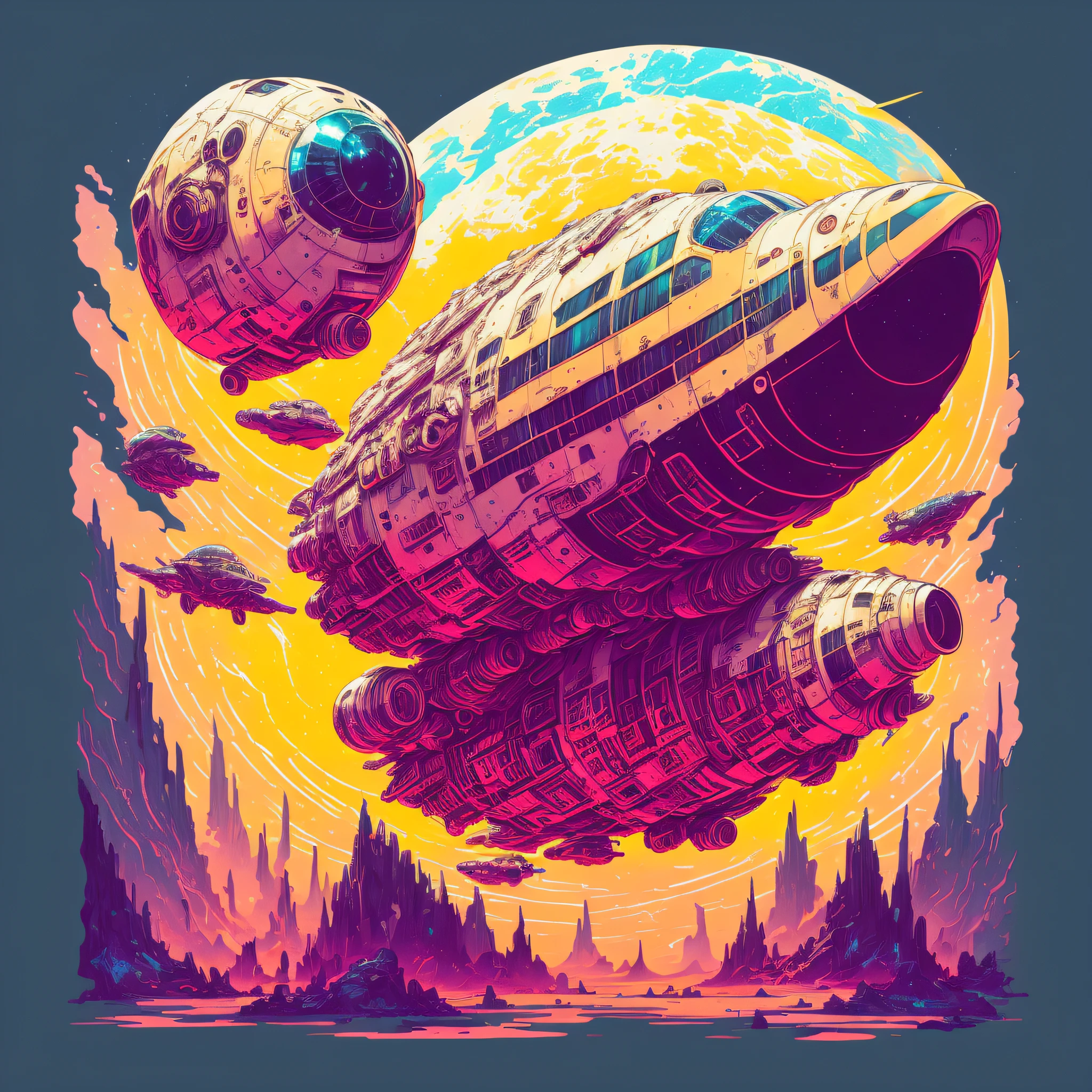 risograph of one spaceship, concept art, artstation, cgsociety, dramatic lighting, intricate, highly detailed, art by artgerm and greg rutkowski and alphonse mucha as a t-shirt logo in the style of art