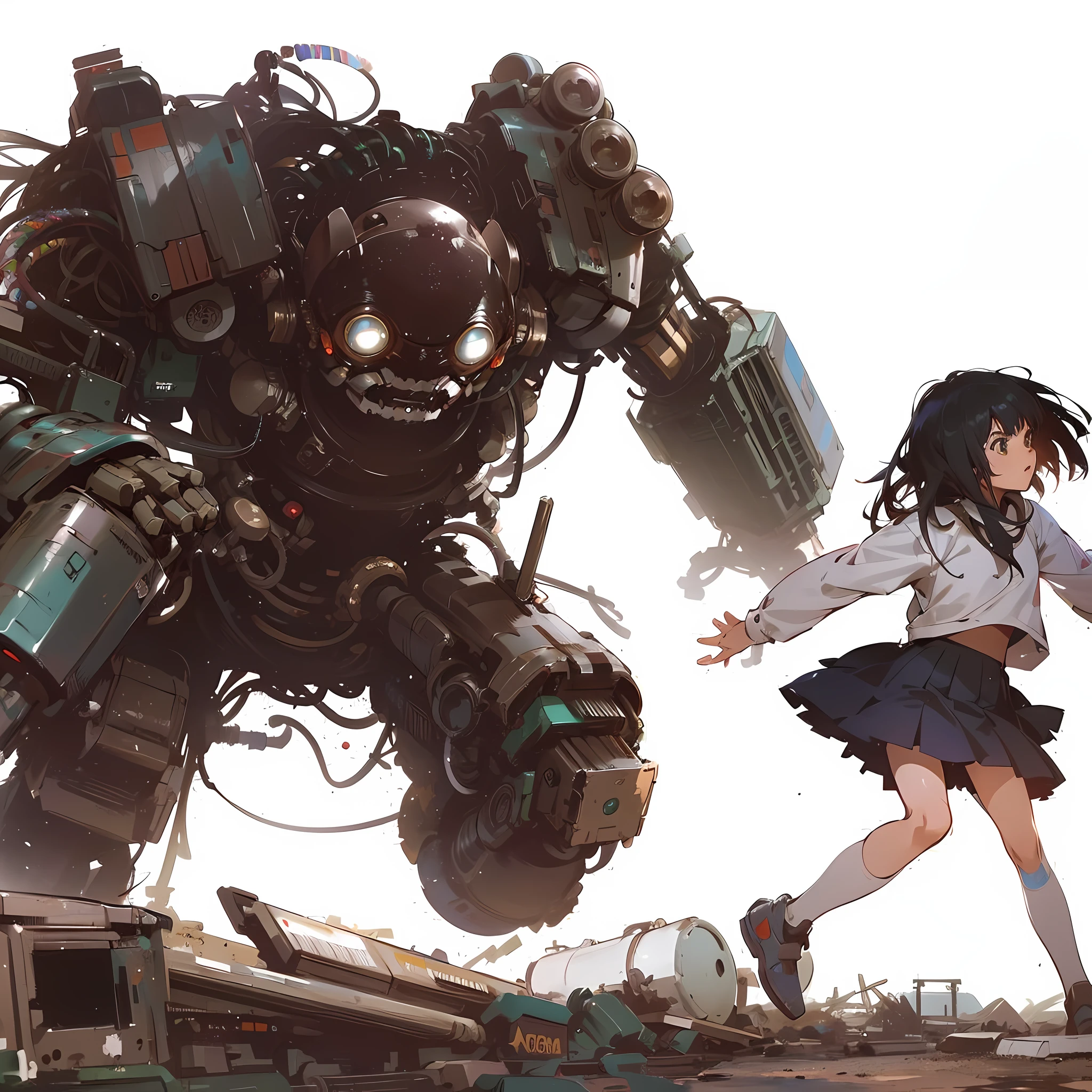 Silver hair brown girl with anime mecha and giant robot aesthetics with ultra-high precision aesthetics, anime manga robot mixed with organic design! Float on Clench Kushart and Wenjun Lin's full robot and girl, Wojtek Fus, top quality anime 4K Konachan wallpapers!
