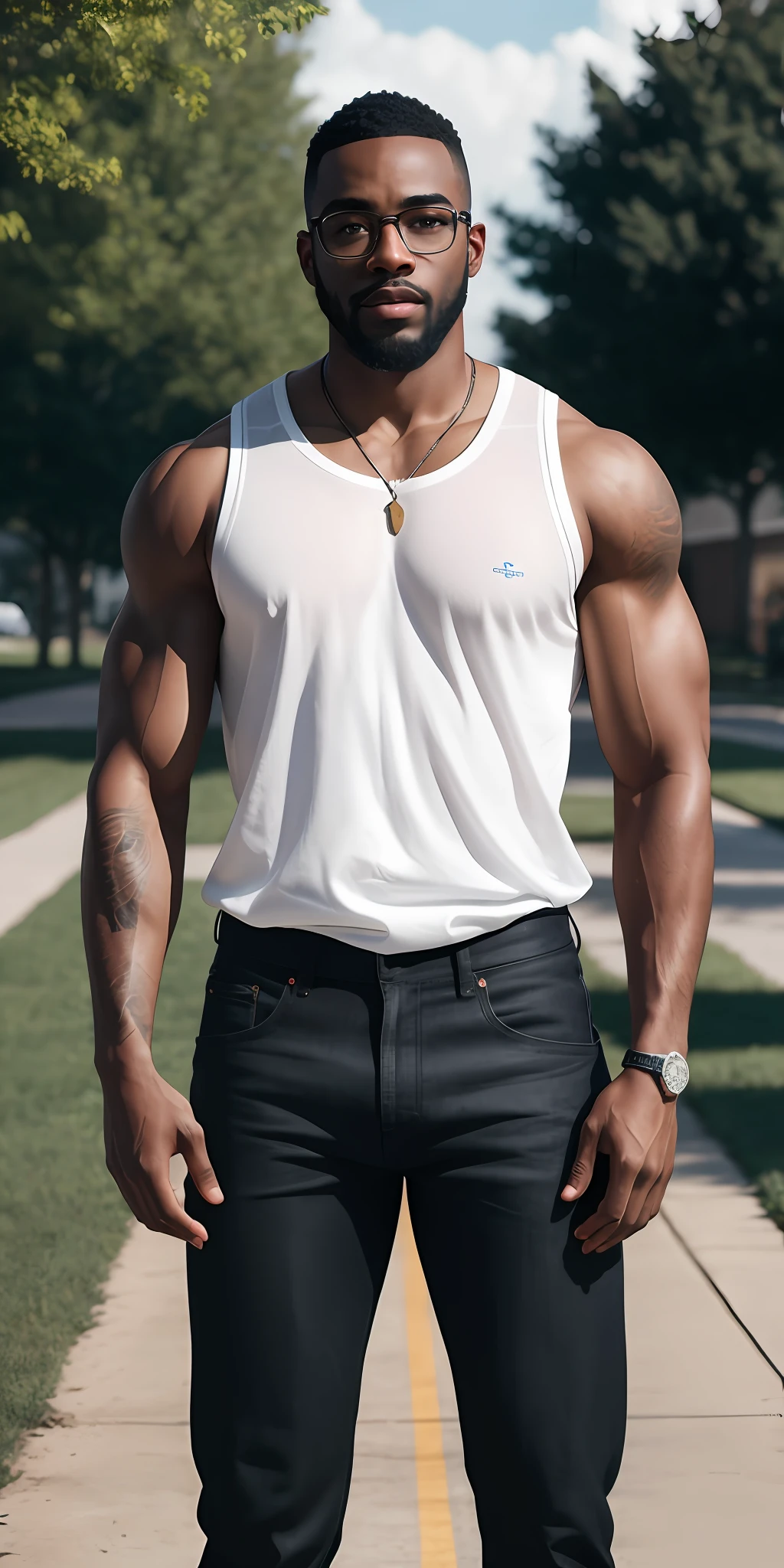beautiful adult black college guy, hairy chest, pubic hair, wearing clear glasses, facial hair, buzz cut, open shirt, black flanel shirt, in tight jeans, outside on basketball field, ((slim, muscular)), photorealistic, photo, masterpiece, realistic, realism, photorealism, high contrast, photorealistic digital art trending on Artstation 8k HD high definition detailed realistic, detailed, skin texture, hyper detailed, realistic skin texture, armature, best quality, ultra high res, (photorealistic:1.4),, high resolution, detailed, raw photo, sharp re, by lee jeffries nikon d850 film stock photograph 4 kodak portra 400 camera f1.6 lens rich colors hyper realistic lifelike texture dramatic lighting unrealengine trending on artstation cinestill 800,