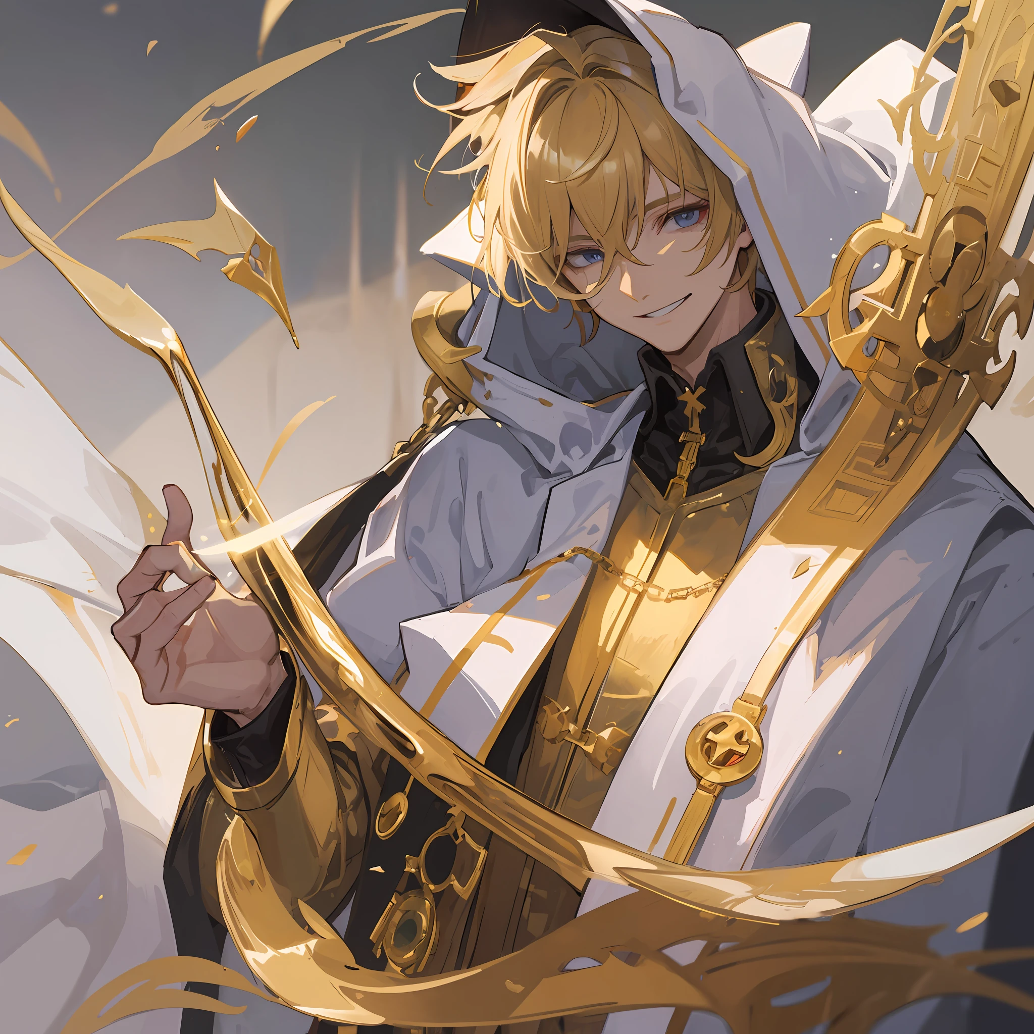 A cruel handsome man, wearing a white robe lined with gold, he is alchemist, golden short hair with psychopath smile