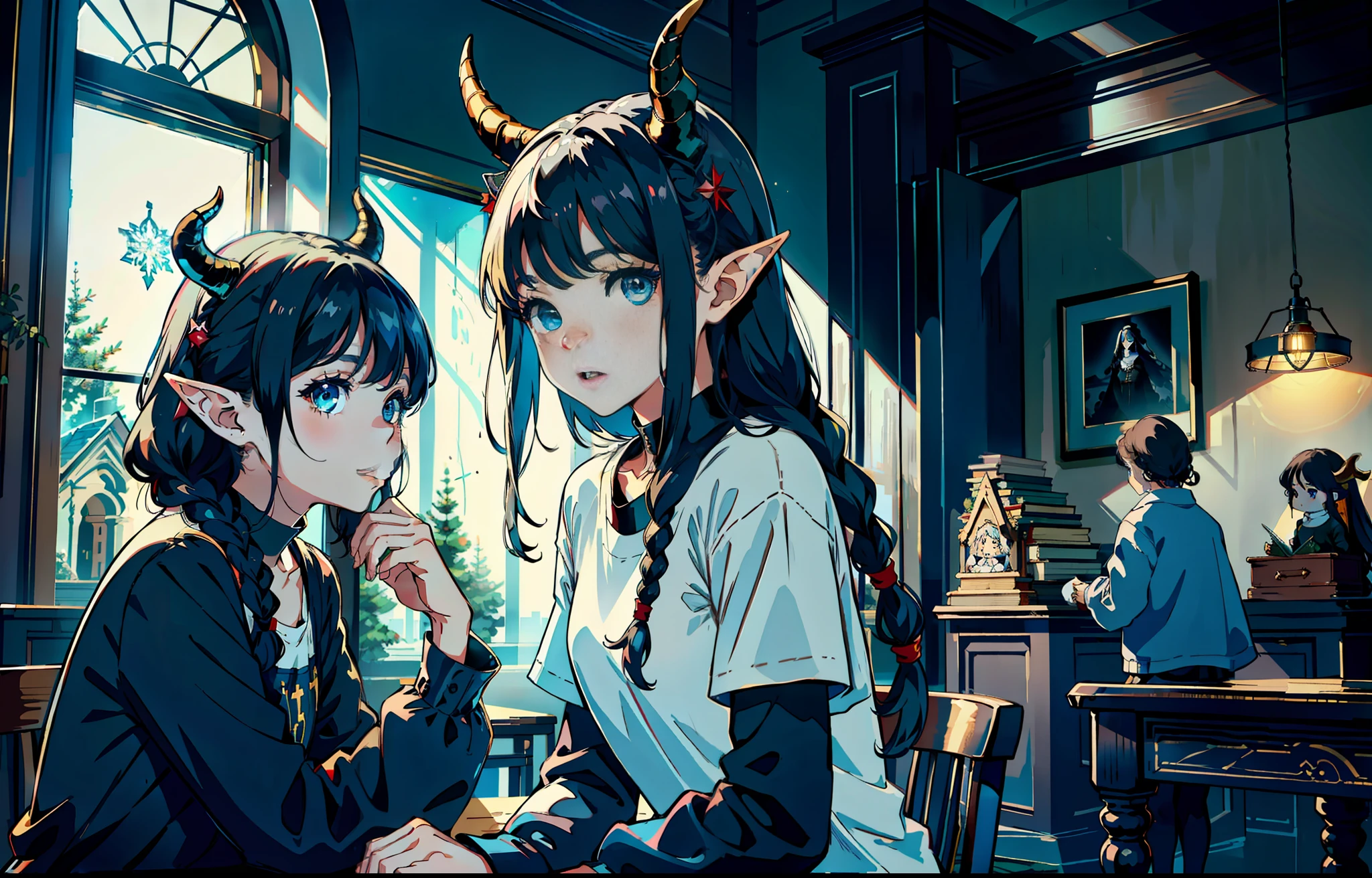 (best quality:1.4),(masterpiece:1.3),solo,(church,night,winter,yellow lights, desk lamps,Place elbows on the table,jasmine,black hair,braids,blue eyes,elf ears,red fur coat,2 demon horns:1.3),solo,(Lovely interior, detailed interior,caffee,books, indoors,Lovely interior:1.3), young girl, wide white T-shirts, black eyes, (jewel-like pupils:1.3), (clear faces, hands supporting faces), gazes, serious gazes, smiles, cute girls, fluffy hair, cute dolls