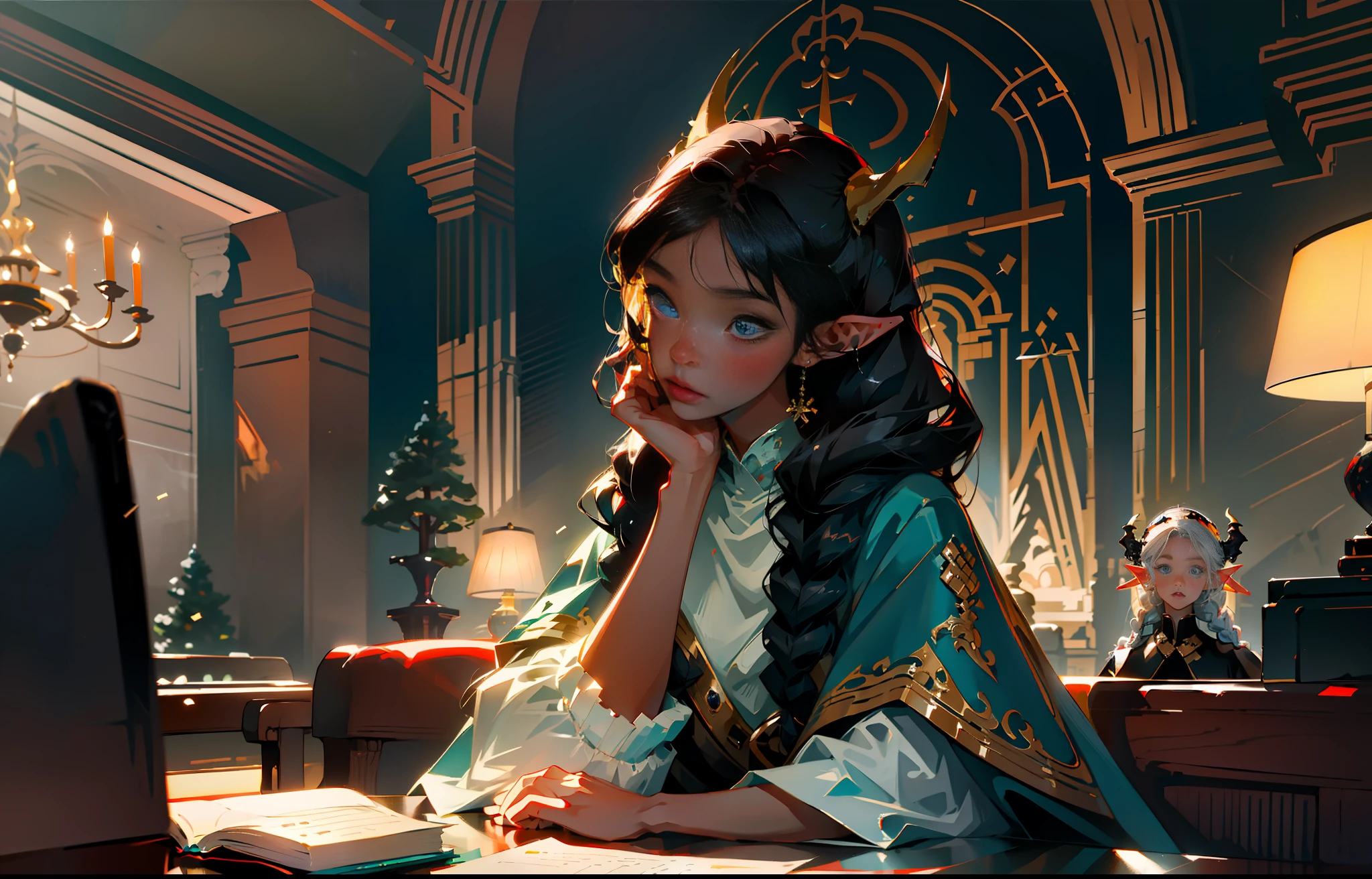 （best quality:1.4）,(masterpiece:1.3),solo,（church，night，winter,yellow lights, desk lamps，Place elbows on the table，jasmine，black hair,braids,blue eyes,elf ears,red fur coat,2 demon horns：1.3），solo,（Lovely interior, detailed interior,caffee,books, indoors，Lovely interior：1.3）,  young girl, wide white T-shirts, black eyes, （jewel-like pupils：1.3）, （clear faces, hands supporting faces）, gazes, serious gazes, smiles, cute girls, fluffy hair, cute dolls