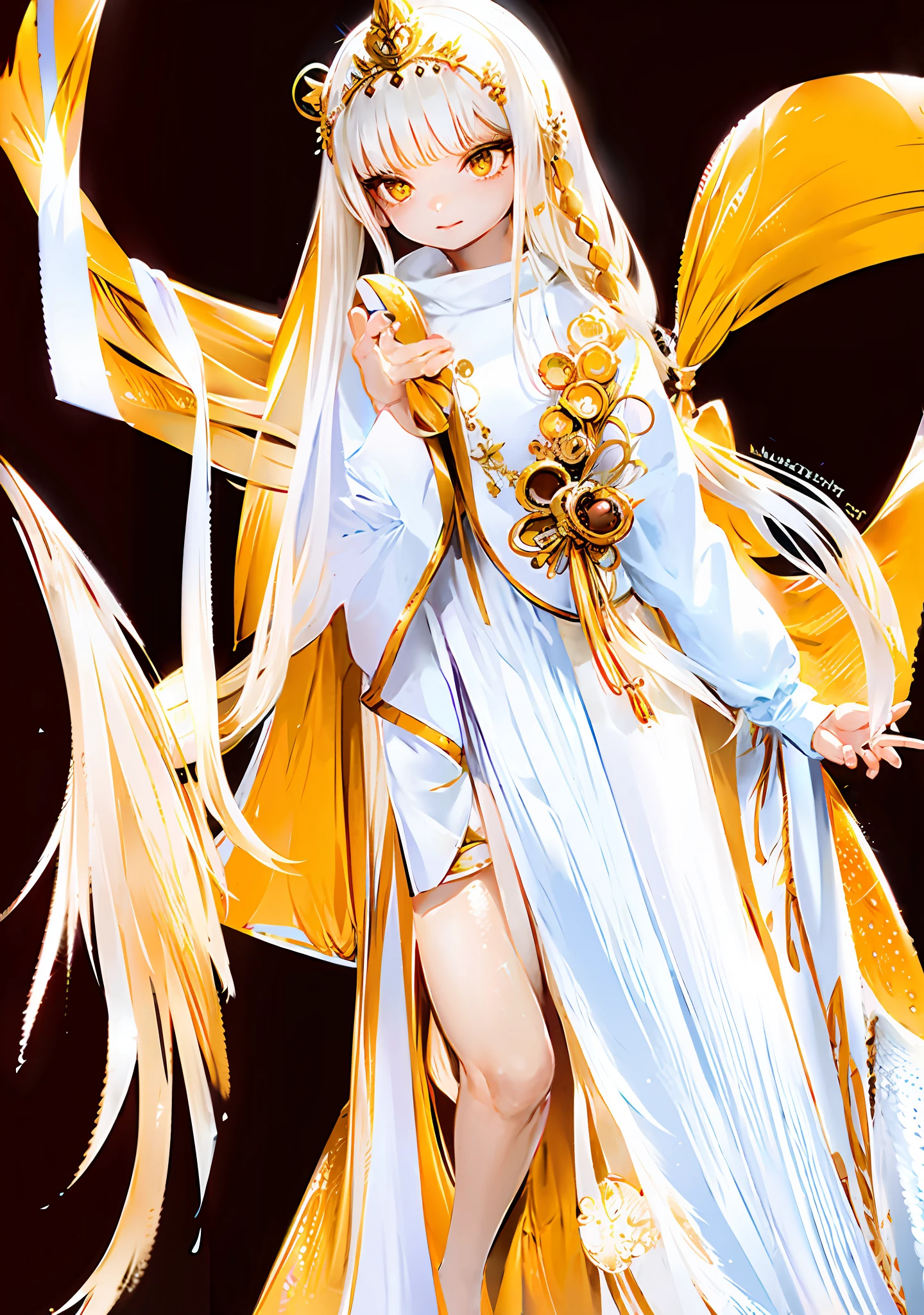Princess clothes of gold coins her feet in a pool of chocolate white hair, long clothes, yellow eyes, the best clarity, very clear, many chocolates in her hand a piece of coco