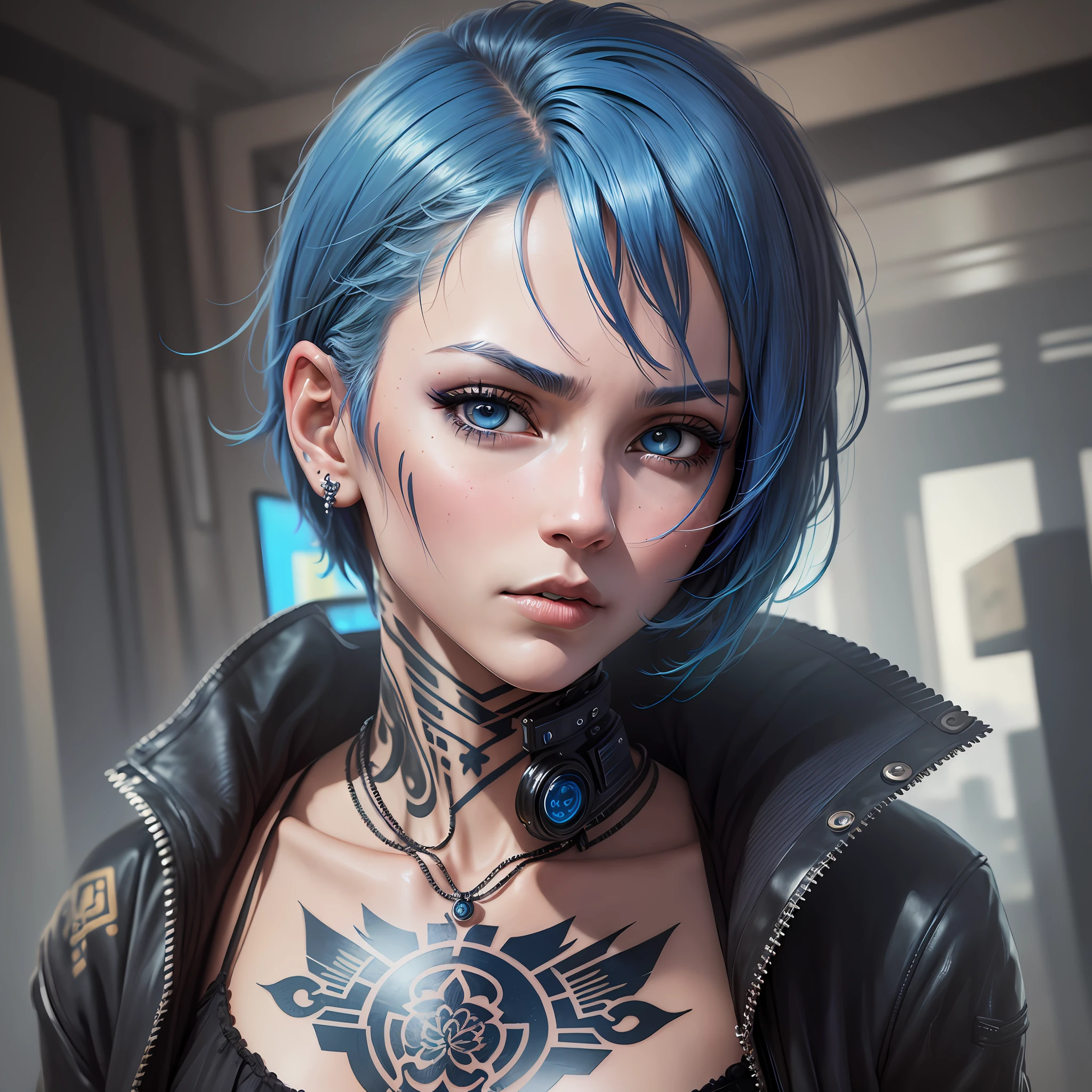 Best Quality, Masterpiece, High Resolution, Intricate, High Detail, Sharp Focus, Vintage, Solo, Digital Art, Detailed Face. A woman, blue hair, short hair, hair shaved sideways, black eyes, impassive expression, mouth piercing, Japanese style tattoo on neck, tattoo on head, looking forward, techwear style, cyberpunk style,