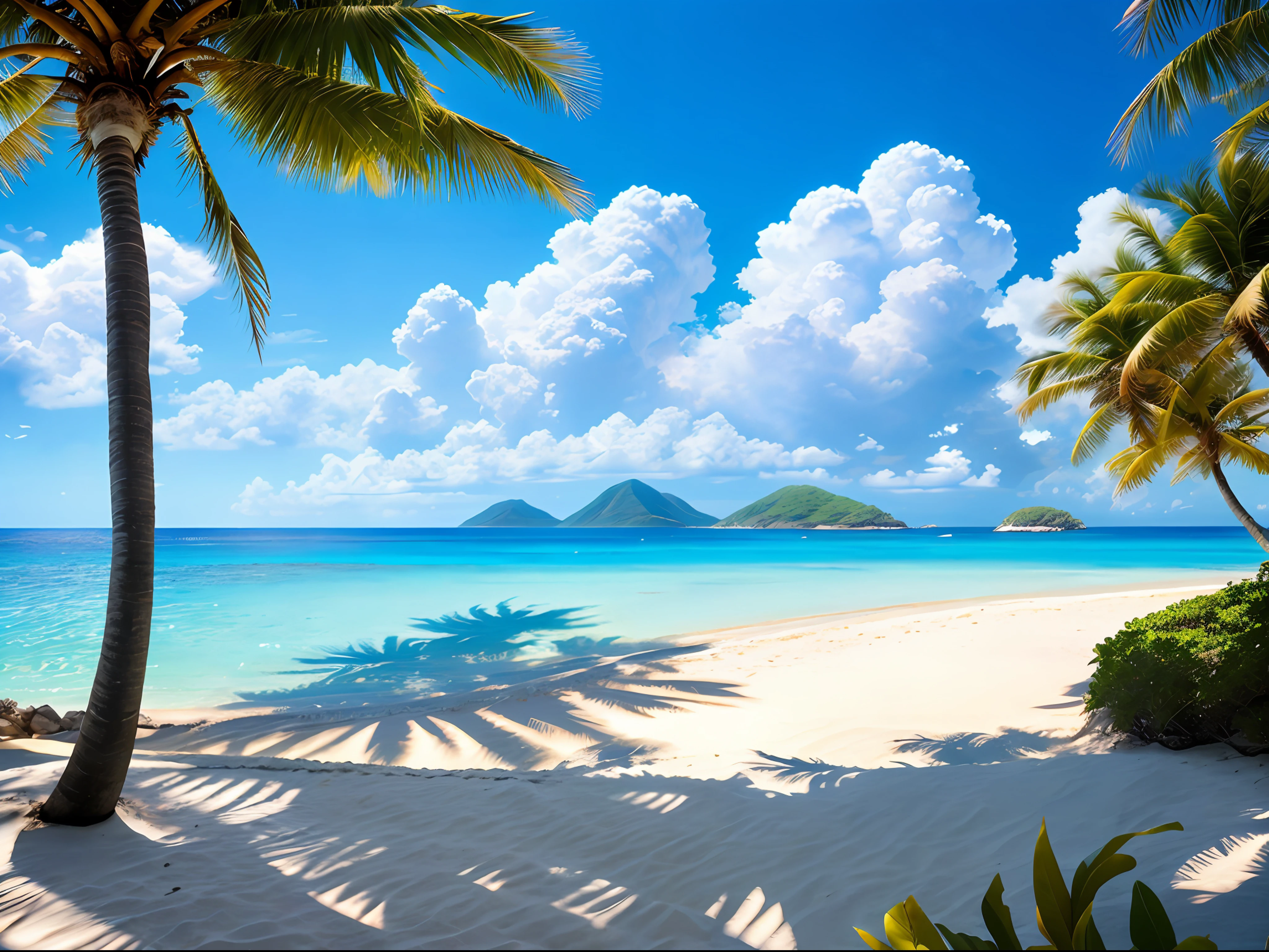Summer, sea, island, clear water, blue gradient water, clear water, island, coconut palm, paradise, big clouds, blue sky, hot weather, HD detail, hyper-detail, cinematic, soft light, deep-focus bokeh, distant snowy mountains, ray tracing. --v 6
