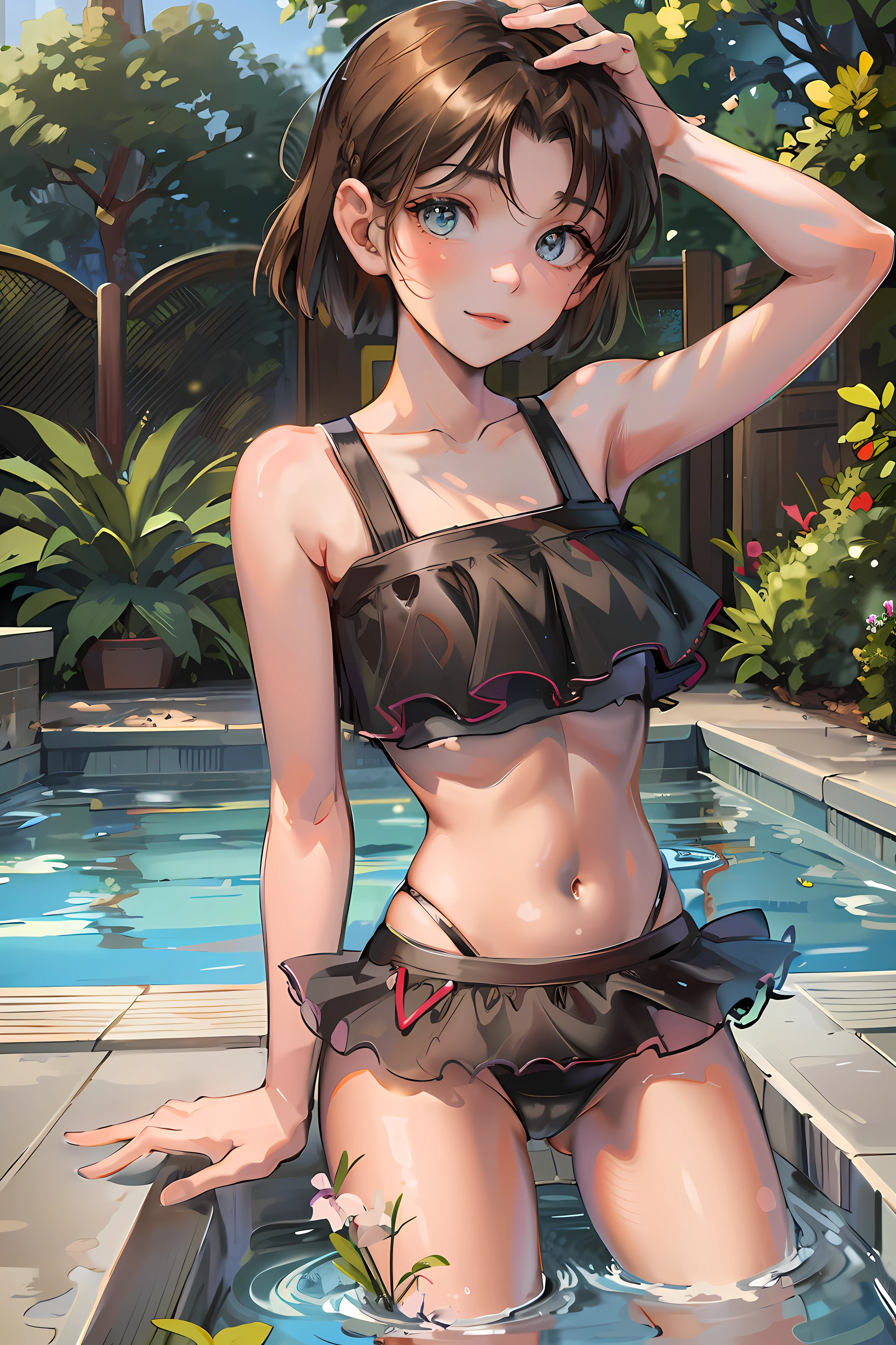 (masterpiece), (very high definition), (best quality), (very detailed), (high definition), 1 girl, ayumi_yoshida, blue eyes, hair band, bangs, short hair, brown hair, depth of field, cowboy shot, smile, swimsuit, black swimsuit, school swimsuit, pool,
