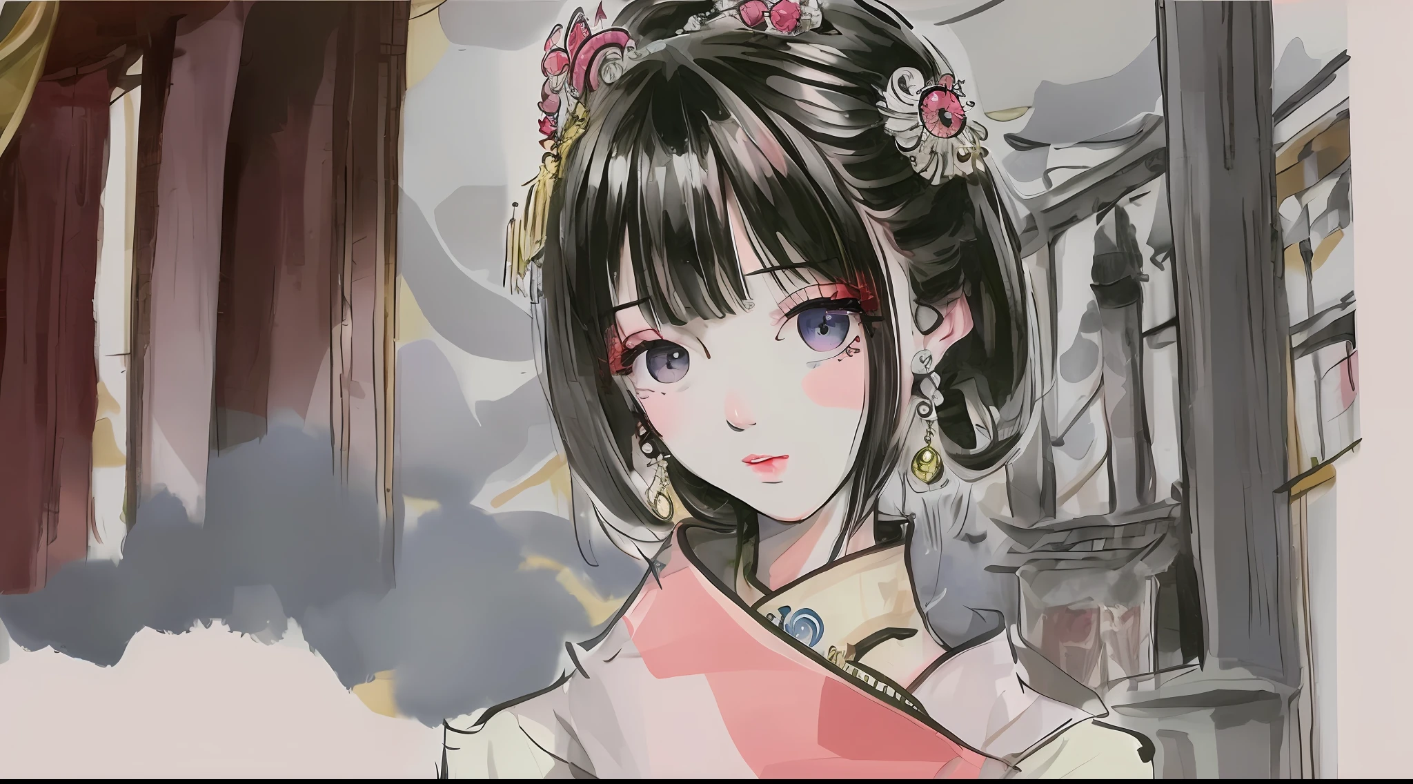 shukezouma, shuimobysim, 1girl, solo, looking at viewer, lips, earrings, east asian architecture, hair ornament, beautiful eyes