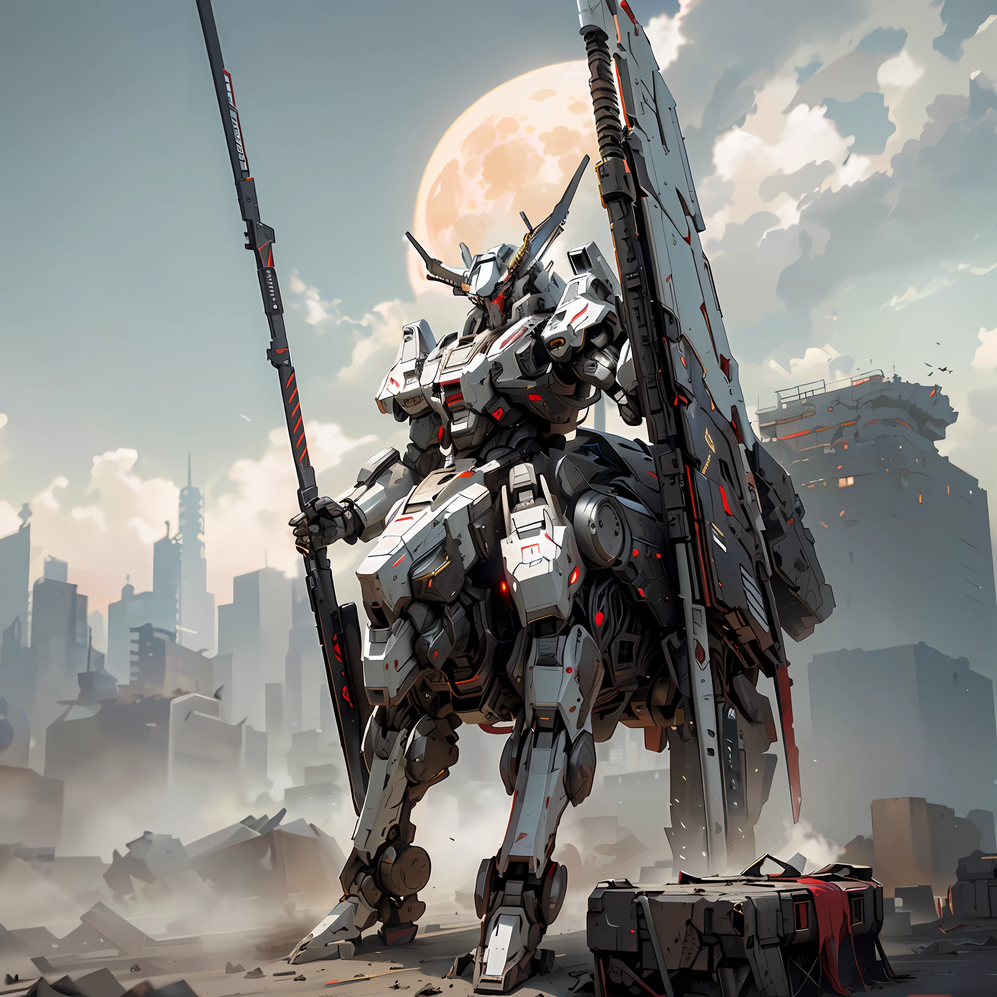 Red theme, mechanical style, cyberpunk, exquisite horse head head, best quality, masterpiece, unmanned, full body, mechanical marvel, strong, moon, ruined city, highest quality digital art, stunning art, wallpaper 4k, highly detailed, military robot, army, war zone, dynamic lighting, movie, epic, damaged mechanical parts