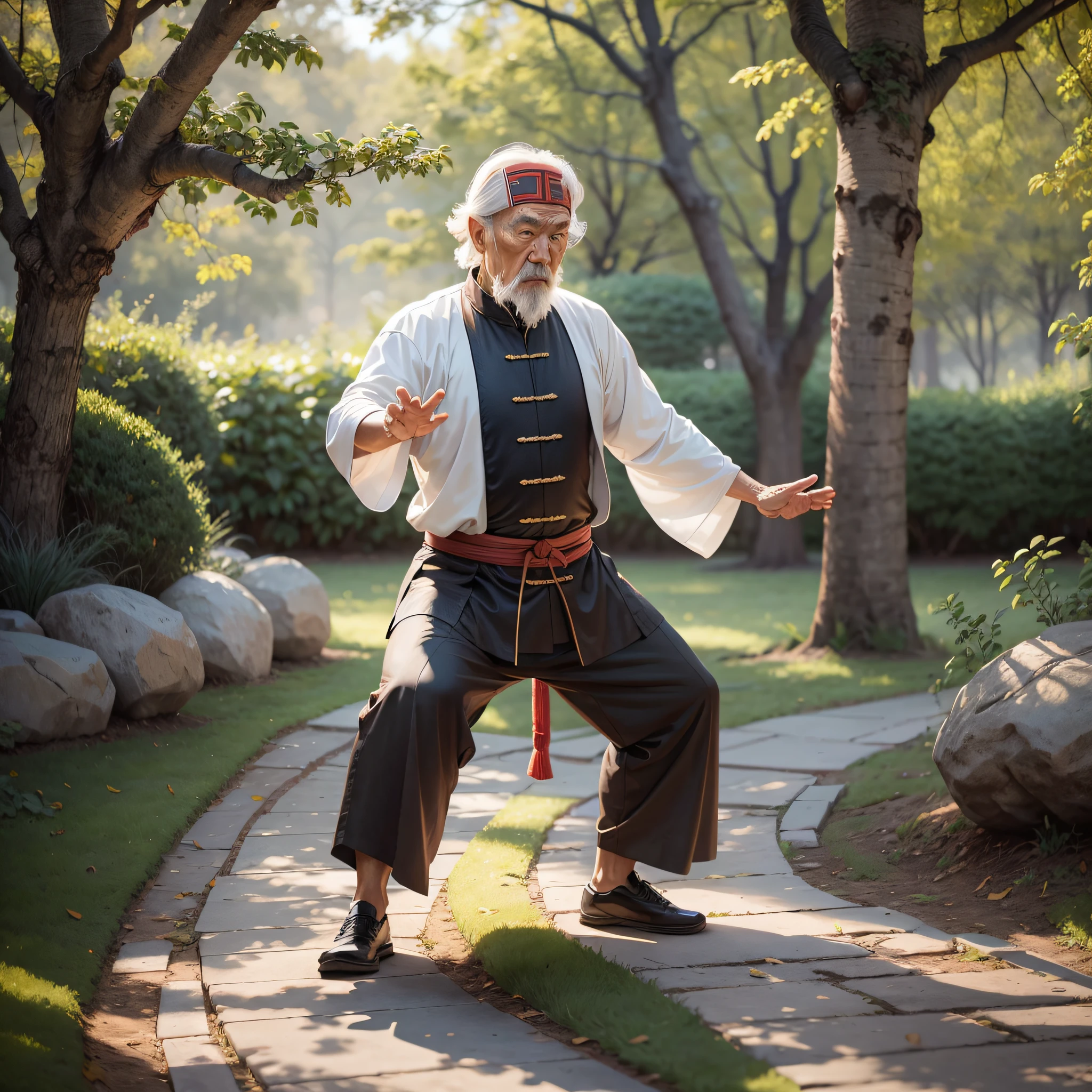 Sifu practicing Tai Chi, Old Caucasian man, photorealistic --auto --s2