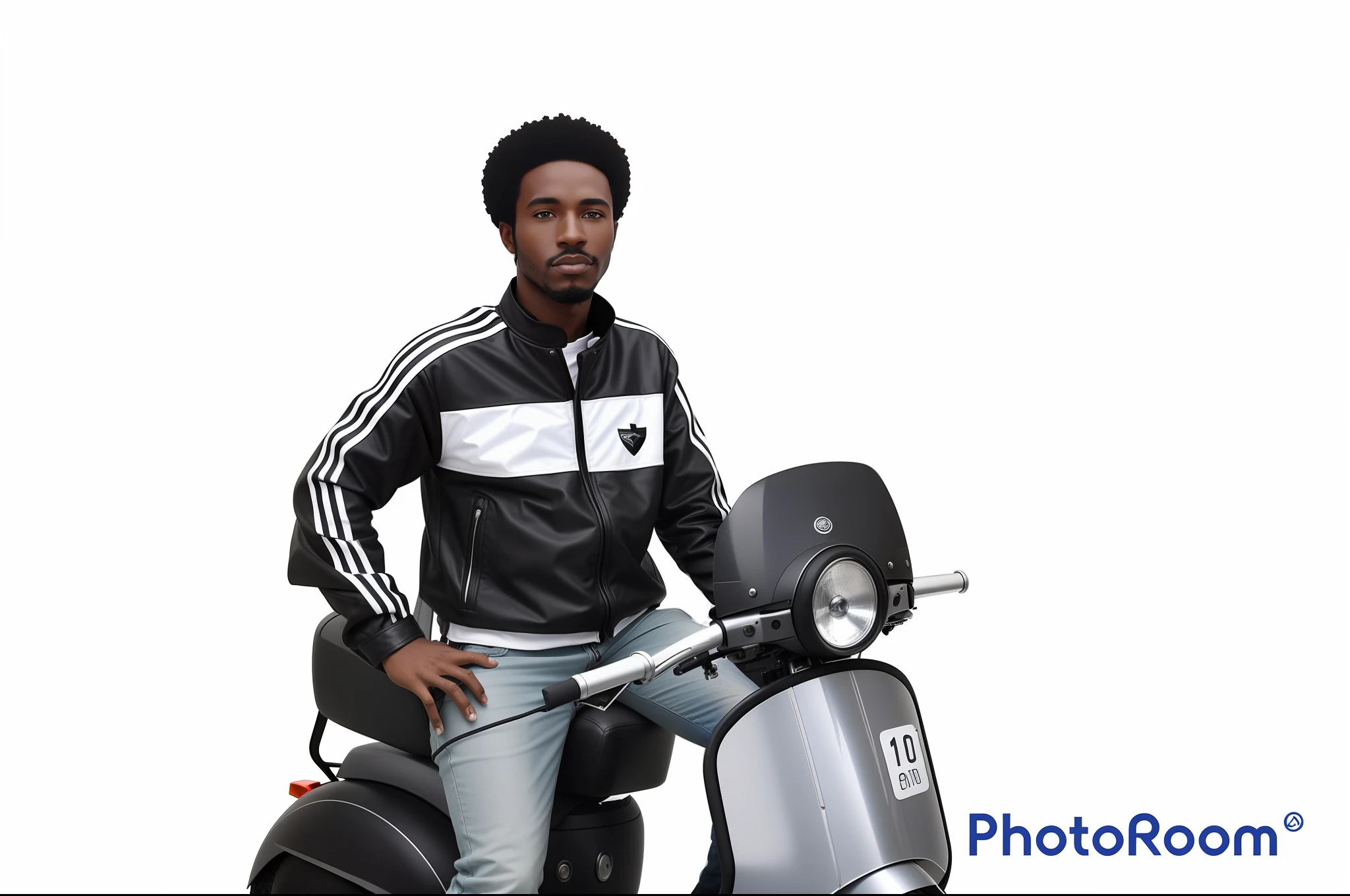 arafed man sitting on a scooter with a helmet on, yasuke 5 0 0 px models, photo shoot, photoshoot, photo portrait, photo from a promo shoot, motorbiker, profile photo, picture of a male biker, with afro, promotional shot, professional foto, black man with afro hair, portait photo profile picture, photo session