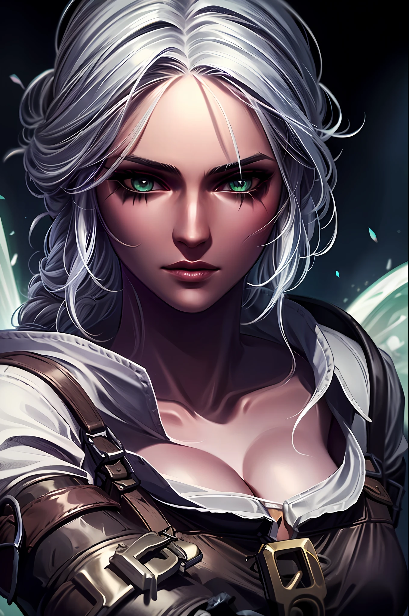 (8k, RAW photo, best quality, masterpiece: 1.2), (realistic), ((best quality)), ultra-high resolution, extremely detailed CG Unity 8k wallpapers, cinematic lighting, white hair, green eyes, full growth, cleavage, (((1girl))), (oval face), close face