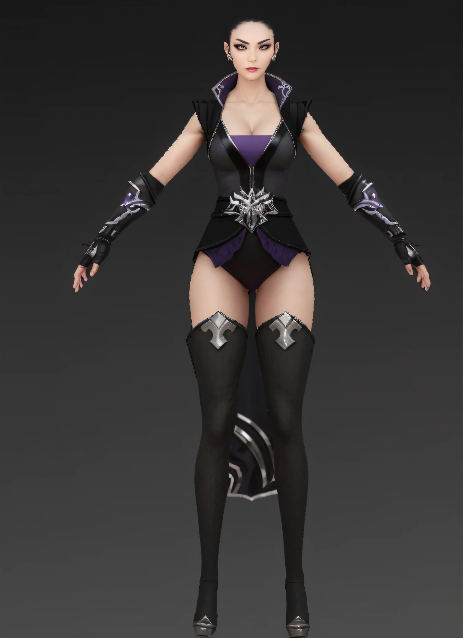 Close up of a woman in black and purple costume, black and purple costume, highly detailed character, human:: assassin, super detailed fantasy character, fantasy costume, Valkyrie style character, female character, 3 d rendered character art 8 K