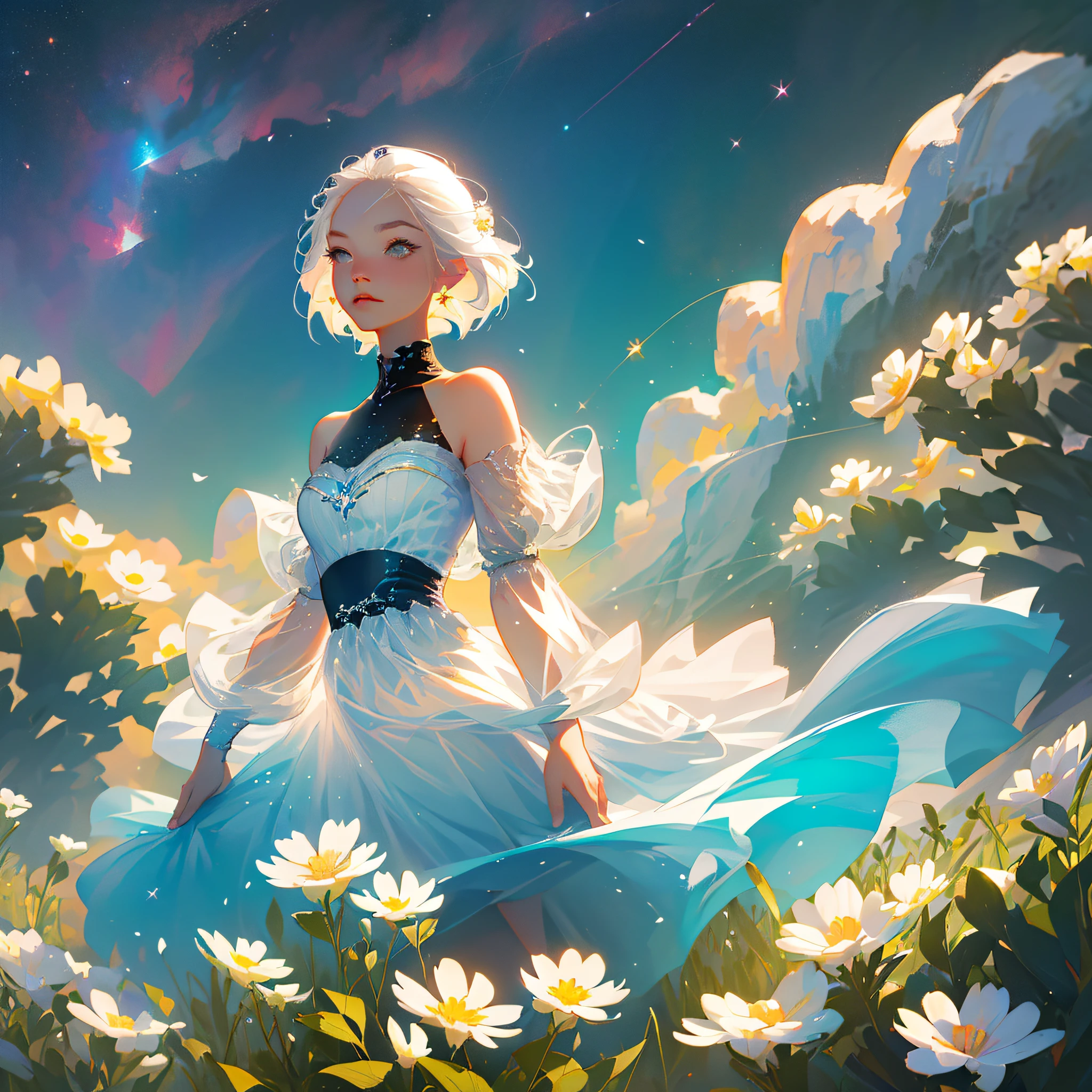 (Best Quality, Masterpiece), 1girl, Pose, Particle, Wind, Flower, Upper Body, Simple Background, Looking at the Viewer, Platinum Hair, Milky Way,