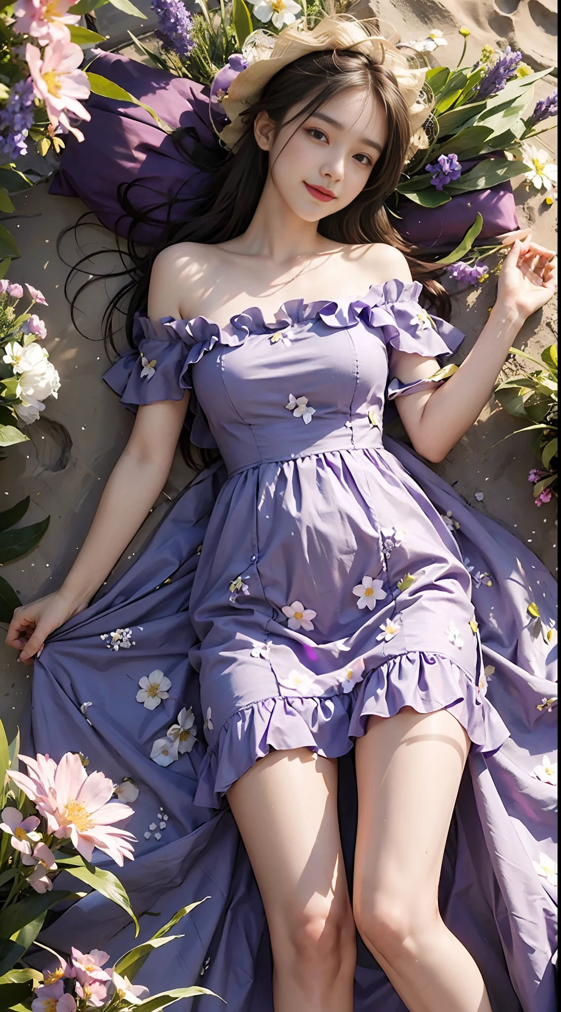 Best quality, masterpiece, super high resolution, (realism: 1.4), original photo, 1girl, purple dress, off-the-shoulder, blooming flower field, glowing skin, light smile, full body, full body photo