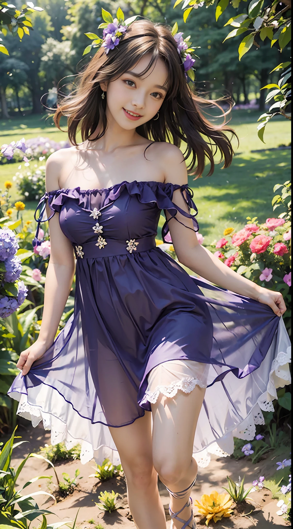 Best quality, masterpiece, super high resolution, (realism: 1.4), original photo, 1girl, purple dress, off-the-shoulder, blooming flower field, glowing skin, light smile, full body, full body photo