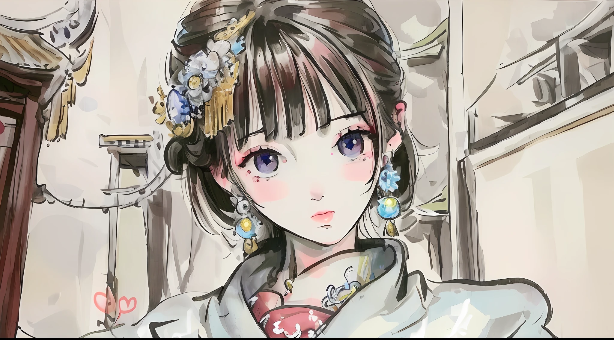 shukezouma, shuimobysim, 1girl, solo, looking at viewer, lips, earrings, east asian architecture, hair ornament, beautiful eyes
