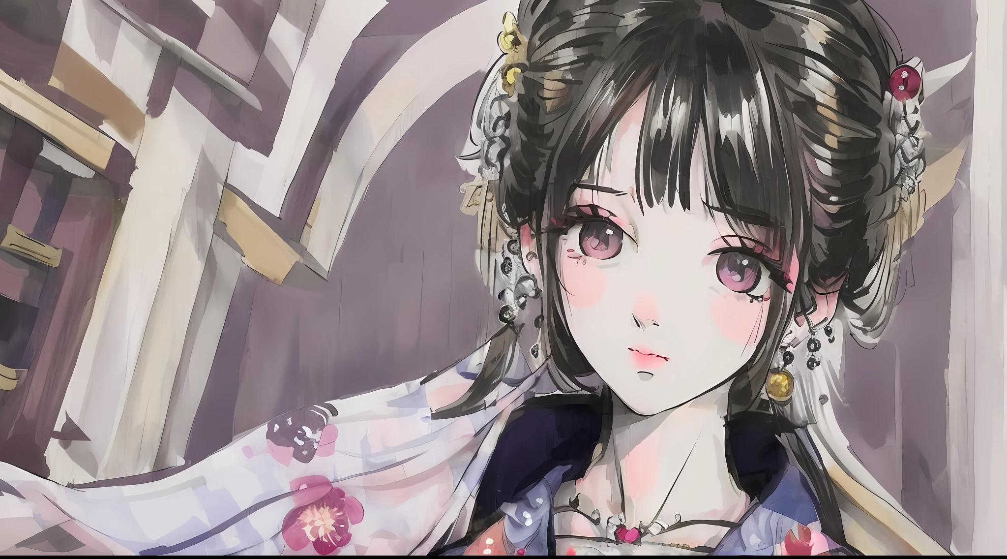 shukezouma, shuimobysim, 1girl, solo, looking at viewer, lips, earrings, east asian architecture, hair ornament, beautiful eyes