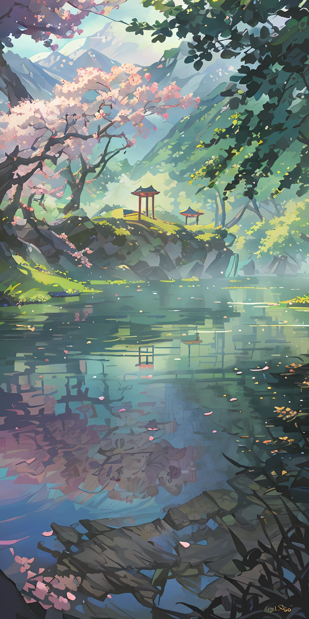 Chinese Antiquity, Spring, Jungle, Lake, Reflection, Trees, Meadows, Rocks, Dragon Boats, Hot Springs, Water Vapor, (Illustration: 1.0), Epic Composition, Realistic Lighting, HD Details, Masterpiece, Best Quality, (Very Detailed CG Unified 8k Wallpaper) --v 6