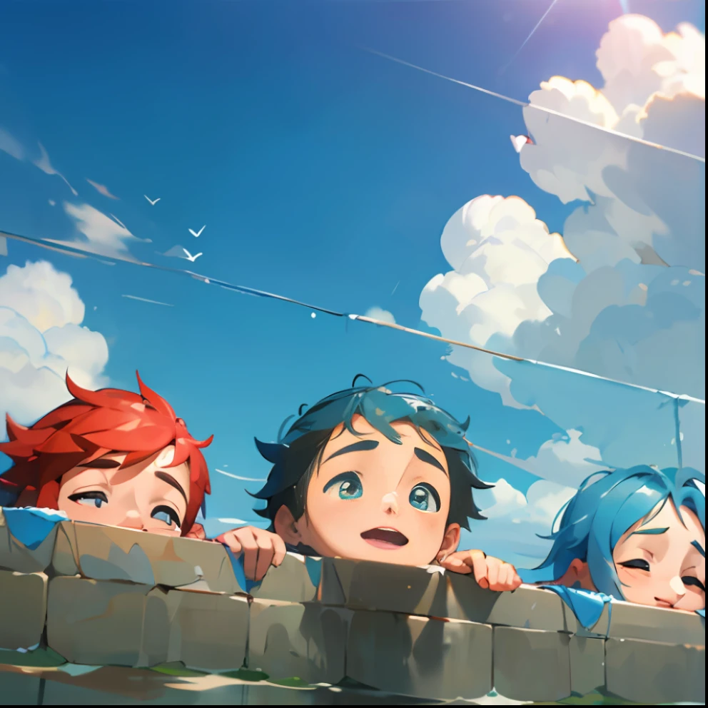 Masterpiece, best quality, detailed, detailed, three little boys playing in the water, fine faces, clouds, sun, clean blue sky, having fun,
