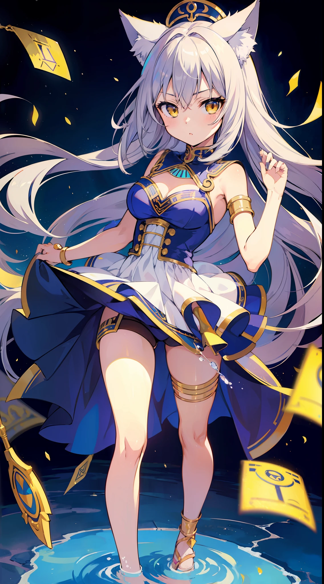 (Masterpiece), (Top Quality Anime Illustration), (Super Definition), One Girl, Solo, Silver-haired Beautiful Girl, Anime Loli, Cat Ear Loli, Cleavage Emphasis, Thigh Emphasis, Bastet God Costume, Egyptian Mythology, Water, Tarot Card Wind